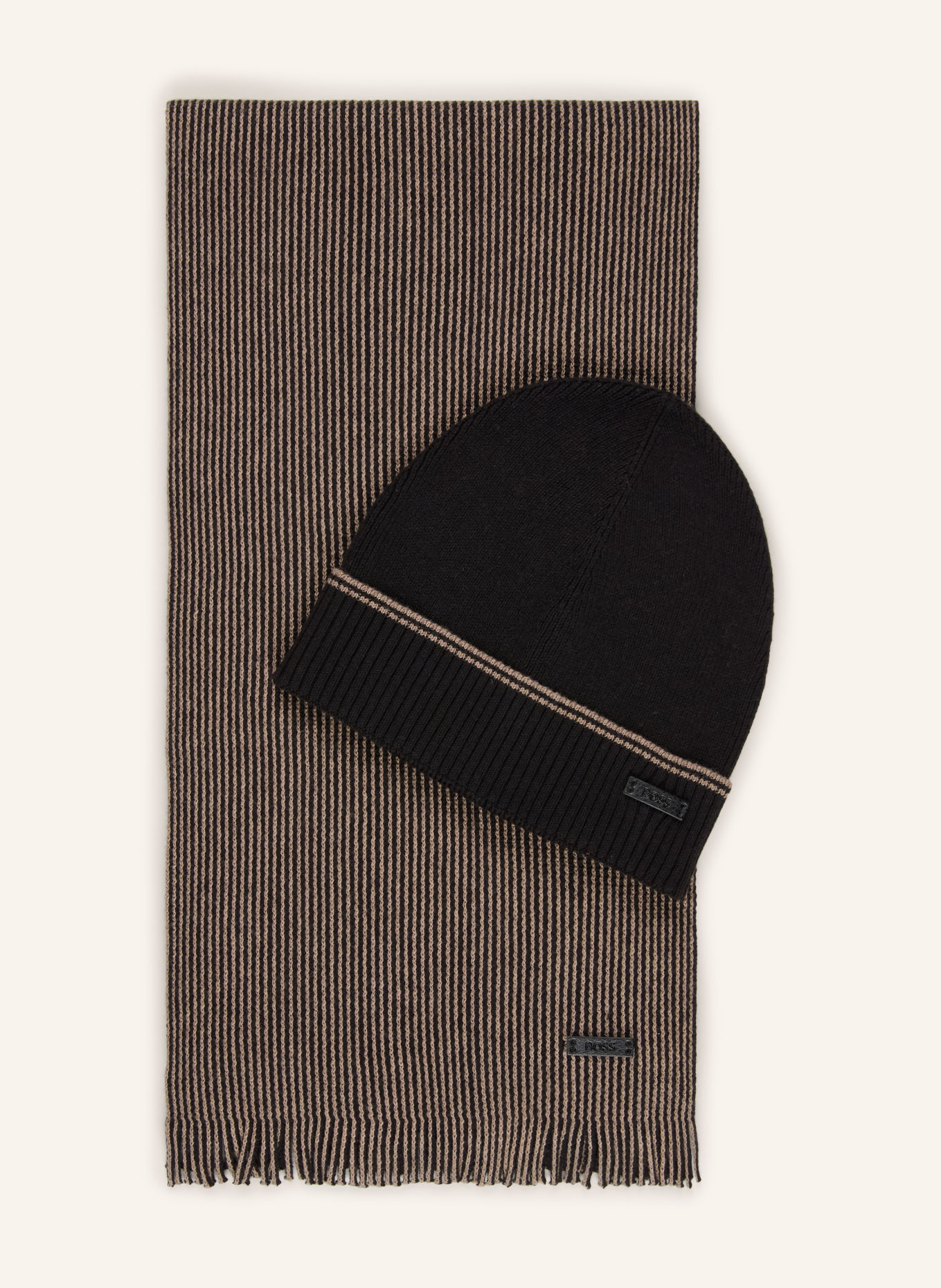 BOSS FORTUNO Set: Hat and Scarf: BLACK / BEIGE / TAUPE