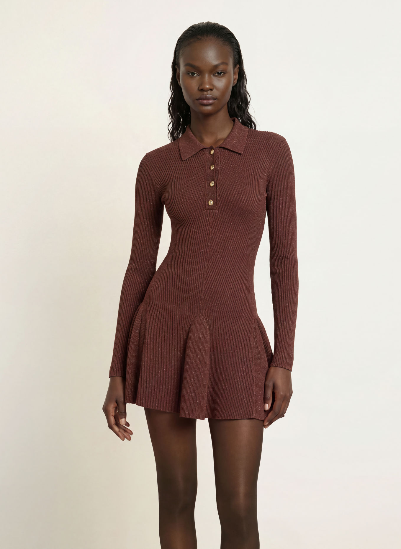 RETROFÊTE BIONA Knit Dress with Glitter Yarn: BROWN