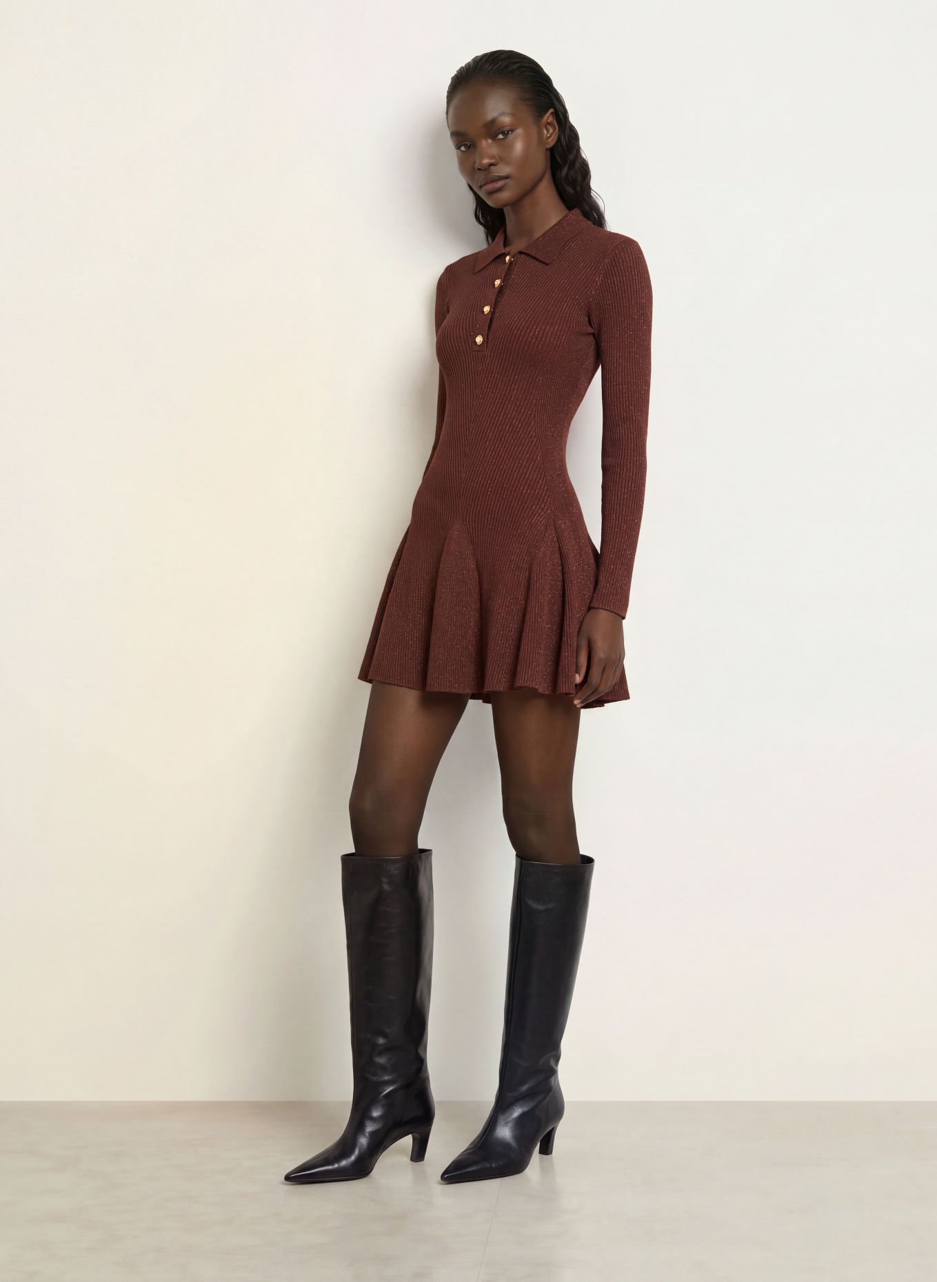 RETROFÊTE BIONA Knit Dress with Glitter Yarn: BROWN