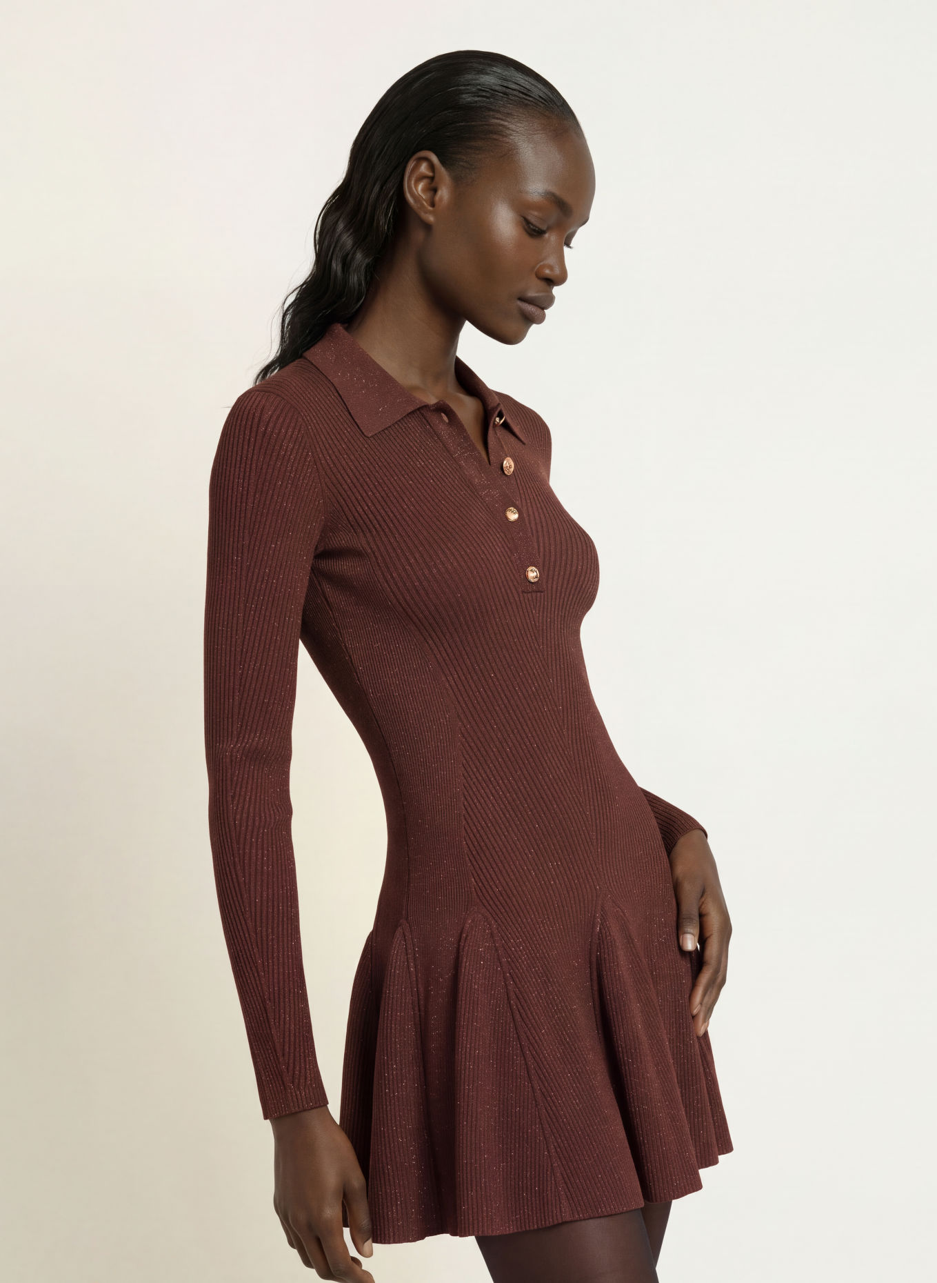 RETROFÊTE BIONA Knit Dress with Glitter Yarn: BROWN
