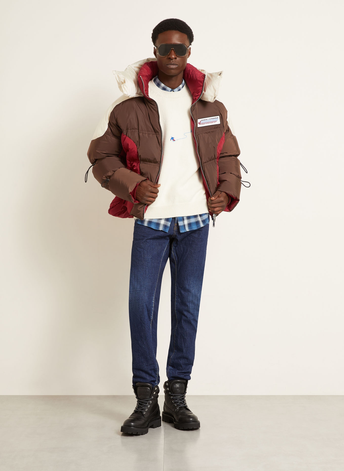 DSQUARED2 Down jacket: DARK BROWN / RED / WHITE