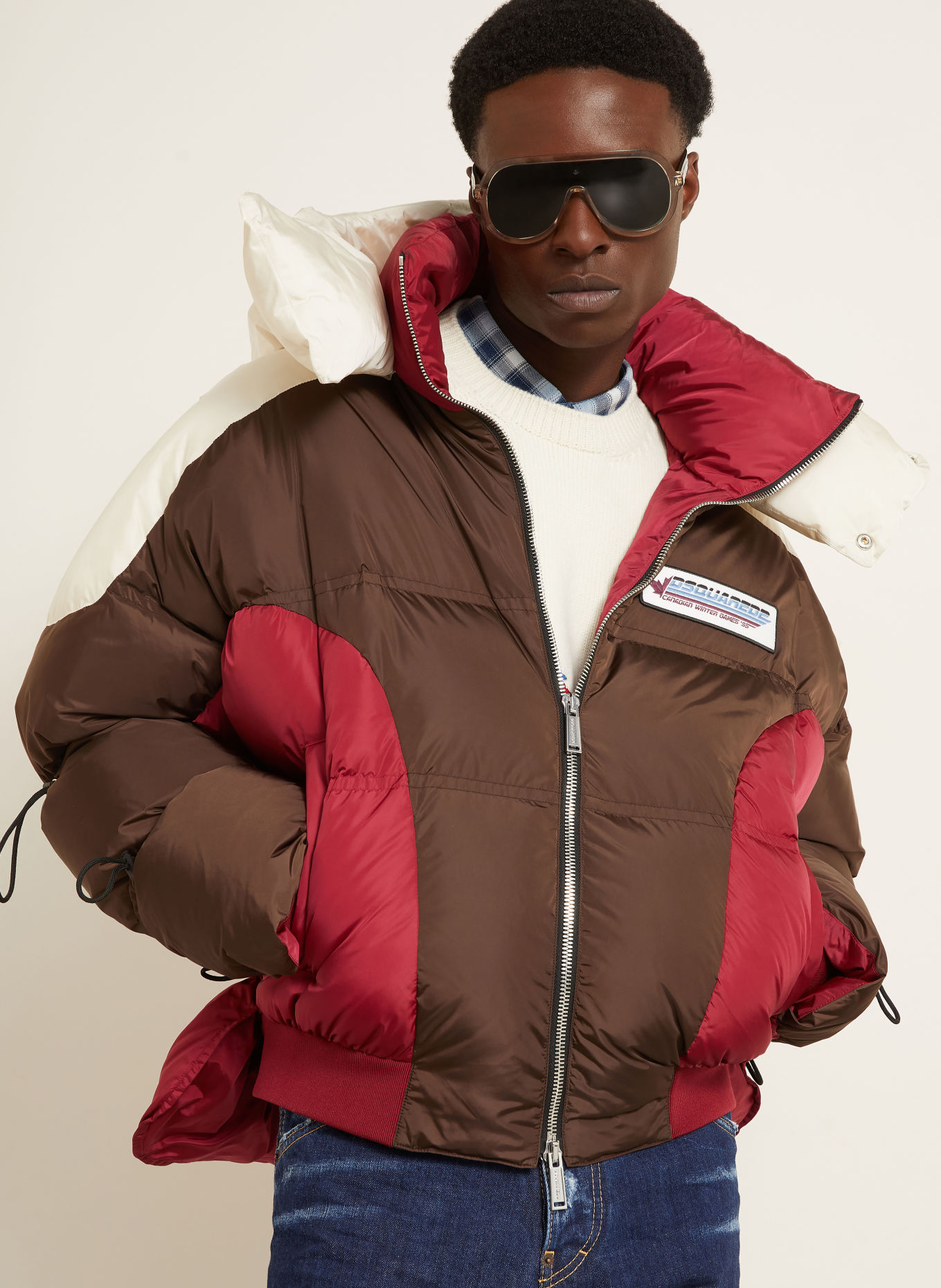 DSQUARED2 Down jacket: DARK BROWN / RED / WHITE