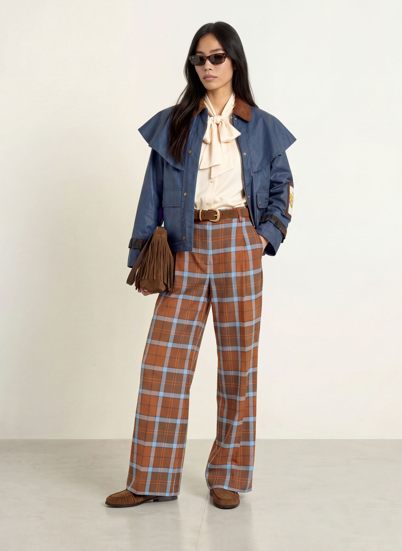 Barbour ALLAMANDA Wide-leg trousers: BROWN / DARK BROWN / LIGHT BLUE