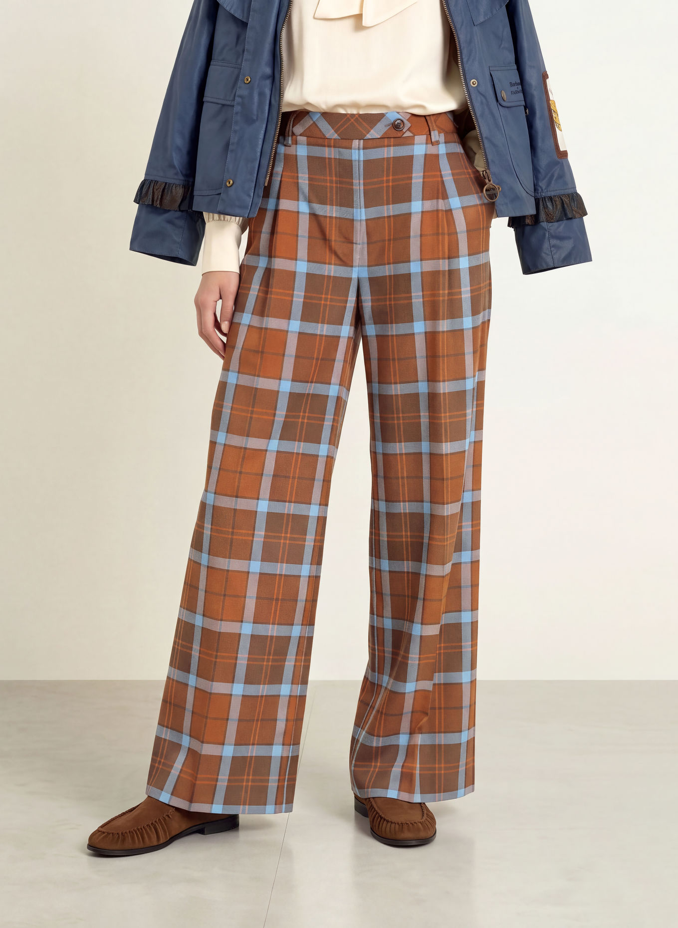 Barbour ALLAMANDA Wide-leg trousers: BROWN / DARK BROWN / LIGHT BLUE