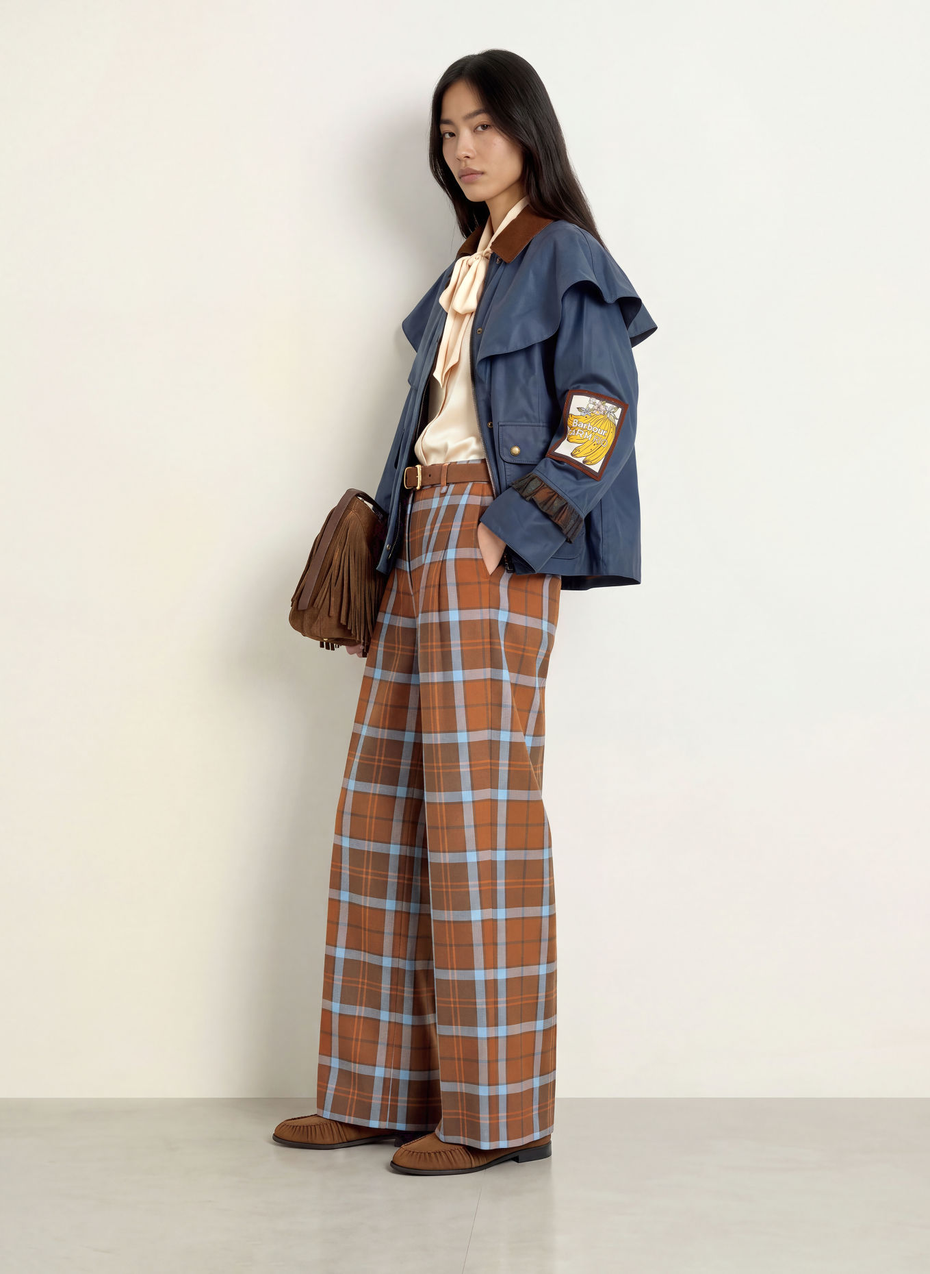 Barbour ALLAMANDA Wide-leg trousers: BROWN / DARK BROWN / LIGHT BLUE