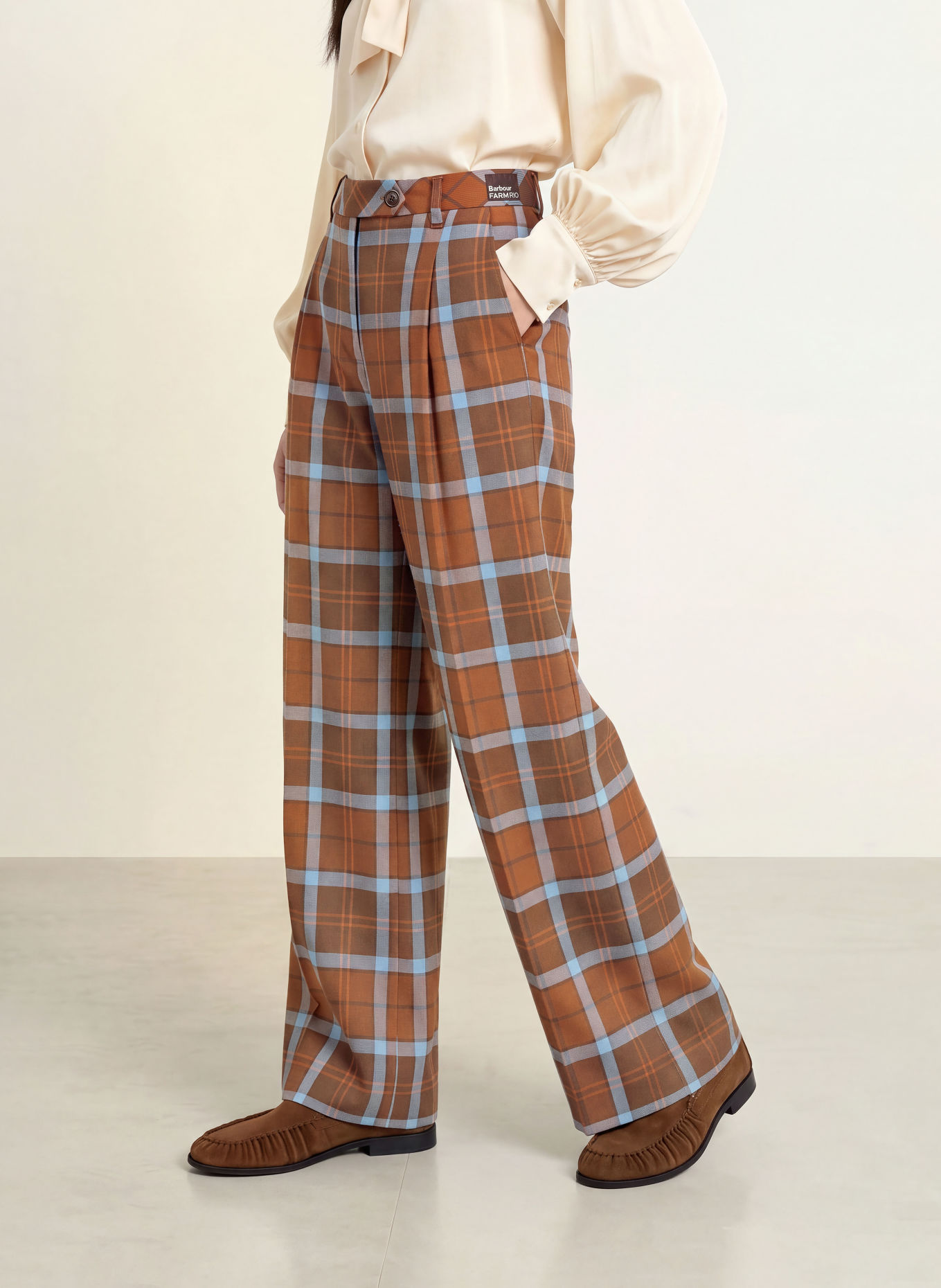Barbour ALLAMANDA Wide-leg trousers: BROWN / DARK BROWN / LIGHT BLUE