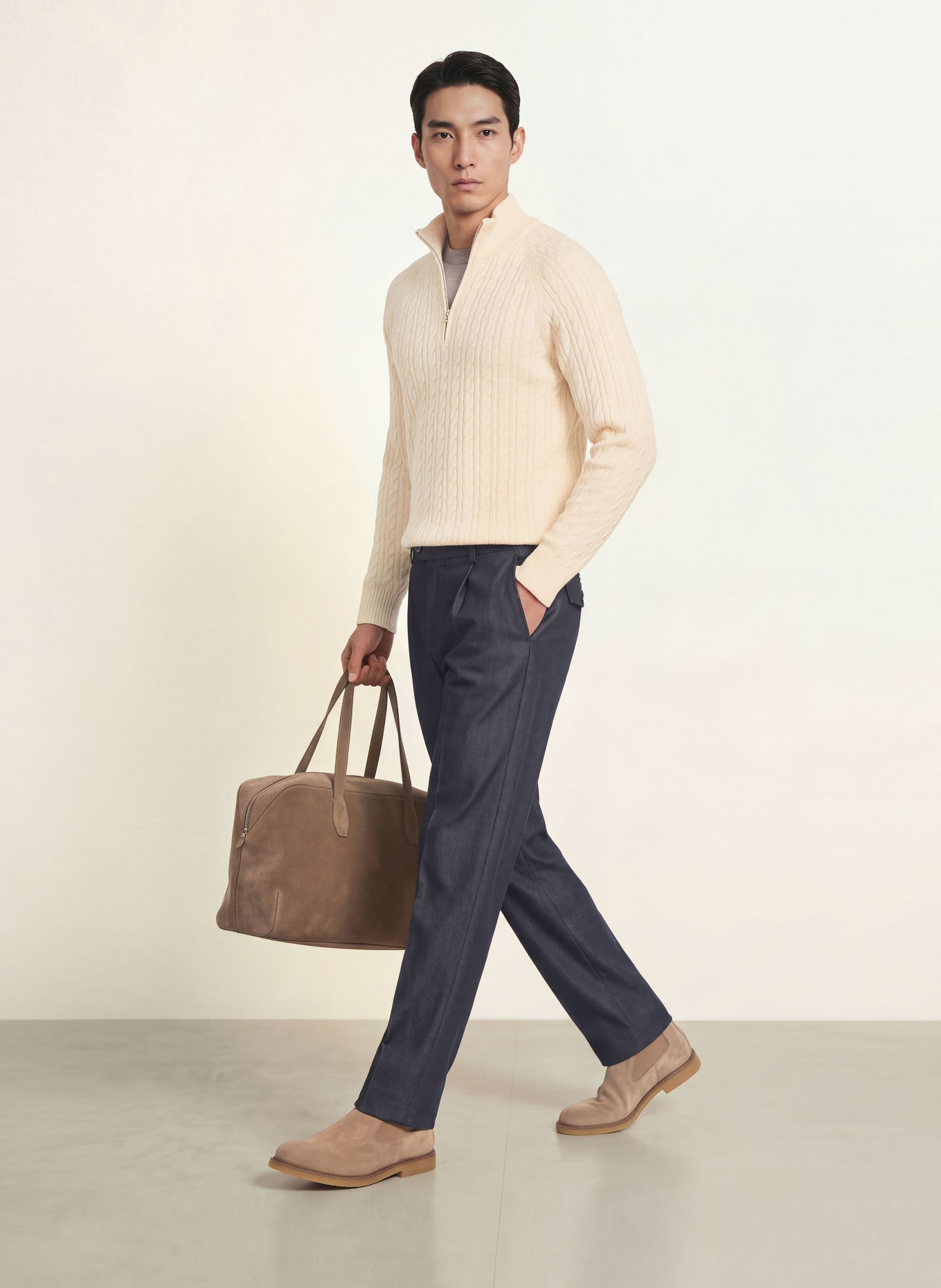 BOSS Sweter typu troyer FURORE: ECRU