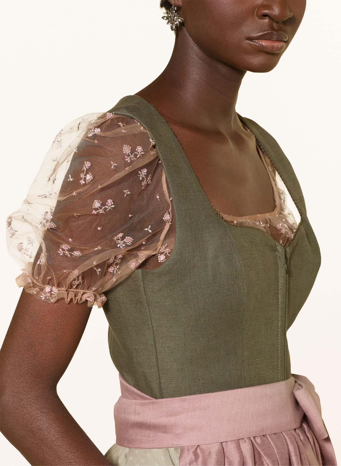 AlpenHERZ Dirndl MARIE mit Leinen und abnehmbaren Ärmeln: GRÜN / HELLGRÜN