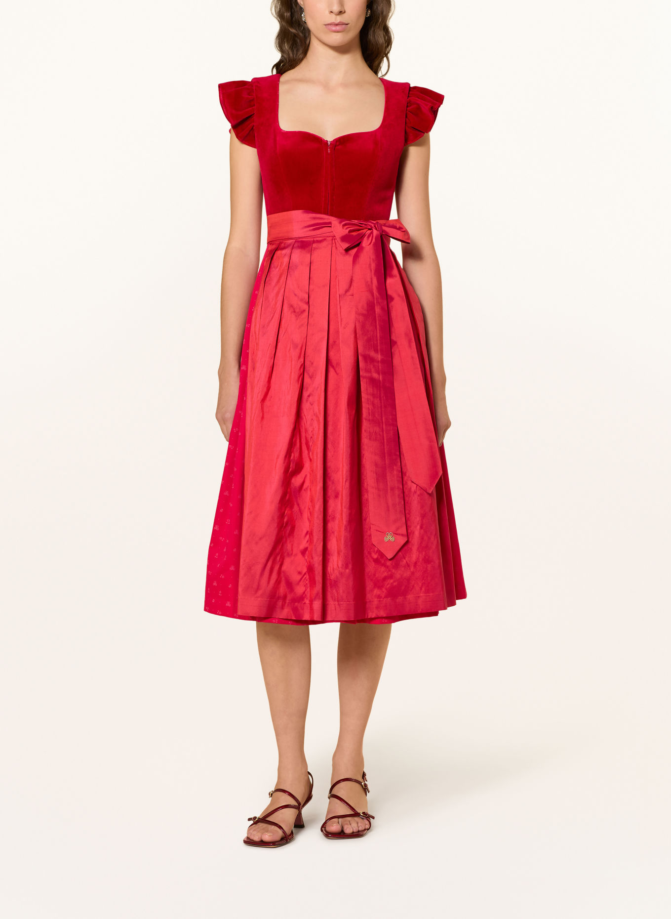 AlpenHERZ Robe Dirndl MELISSA en velours à volants: ROUGE