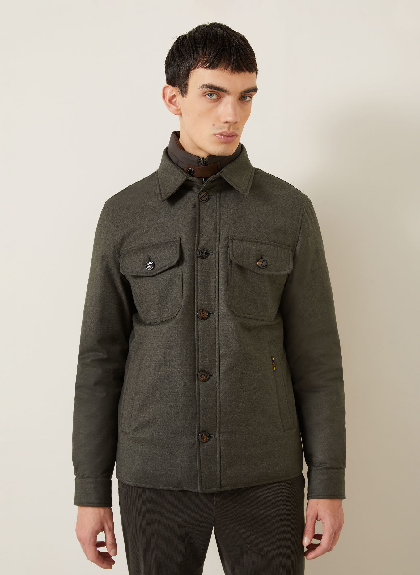 MOORER Flannel overshirt with removable trim: DARK GREEN / DARK BROWN