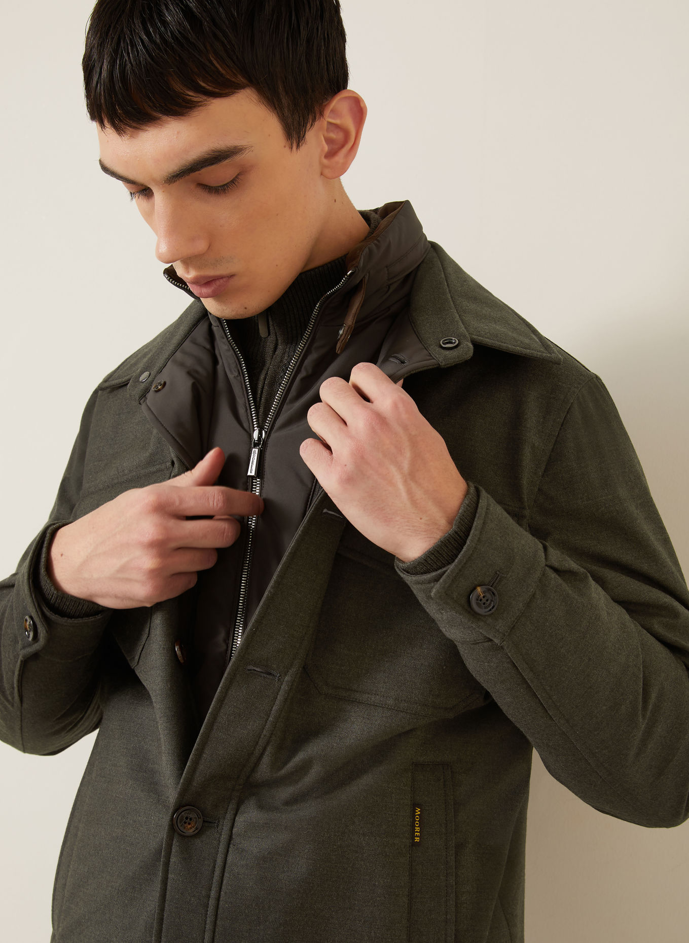 MOORER Flannel overshirt with removable trim: DARK GREEN / DARK BROWN