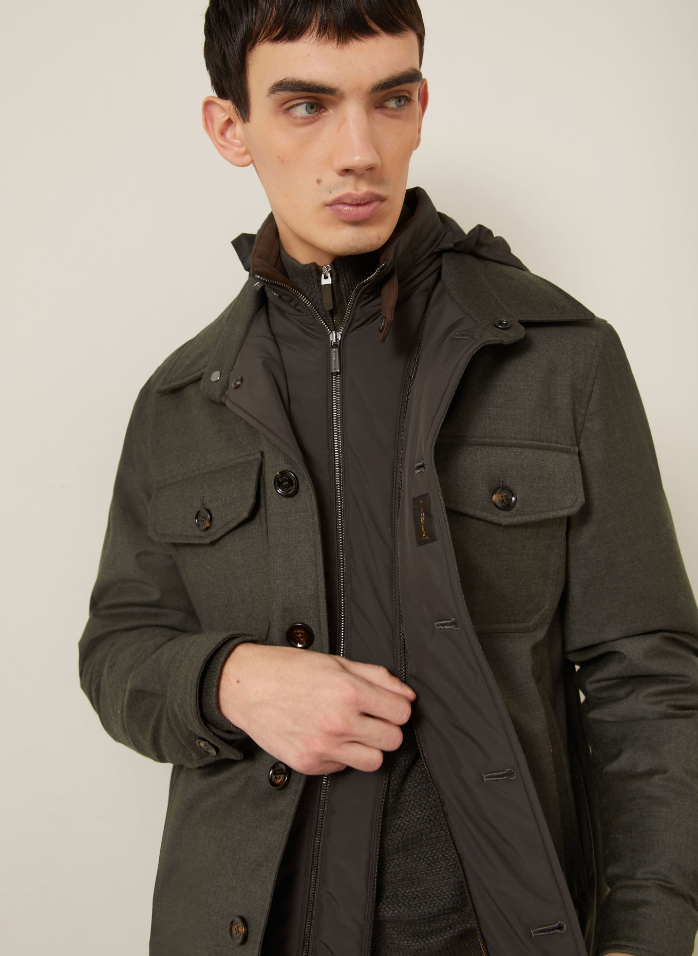 MOORER Flannel overshirt with removable trim: DARK GREEN / DARK BROWN