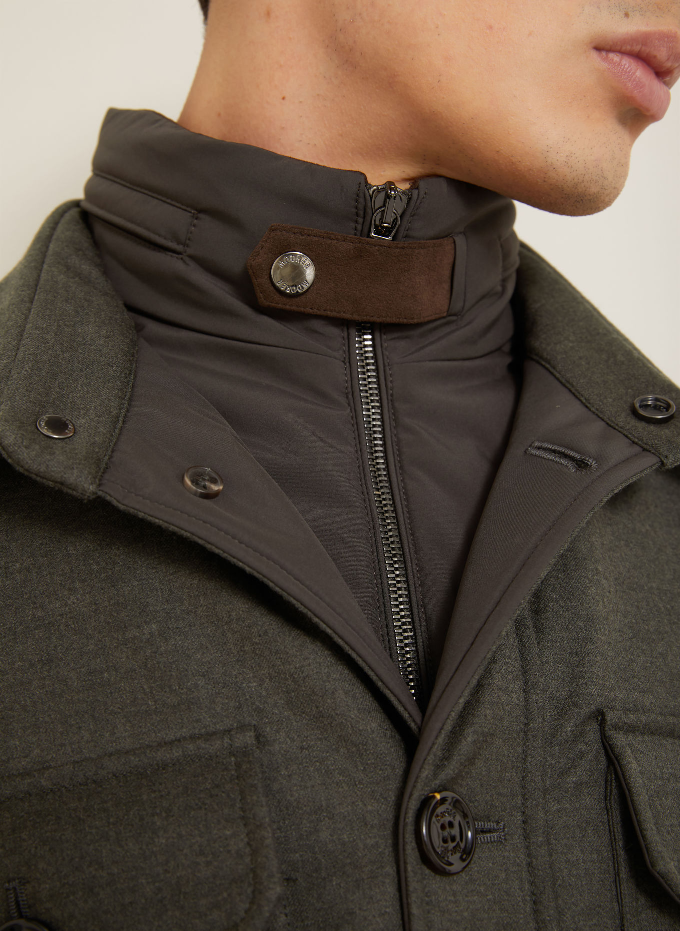 MOORER Flannel overshirt with removable trim: DARK GREEN / DARK BROWN