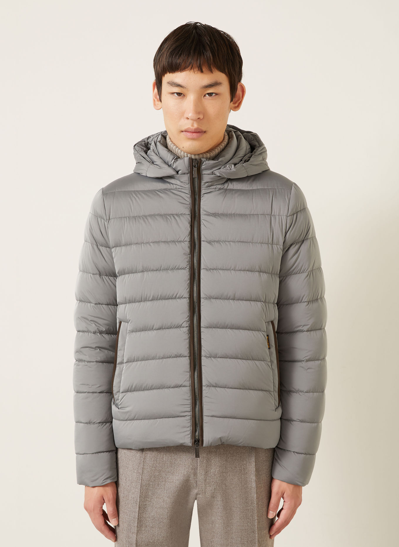 MOORER EURICO Down Jacket with Detachable Hood: GRAY / DARK BROWN