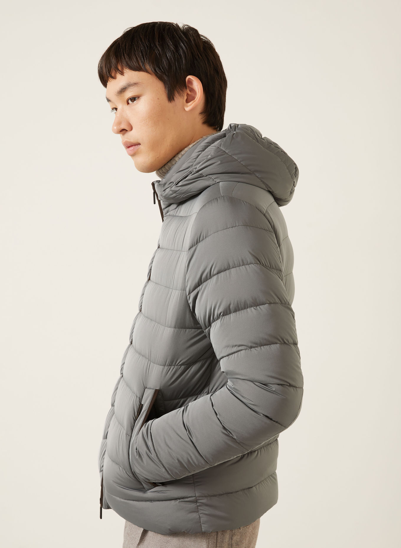 MOORER EURICO Down Jacket with Detachable Hood: GRAY / DARK BROWN