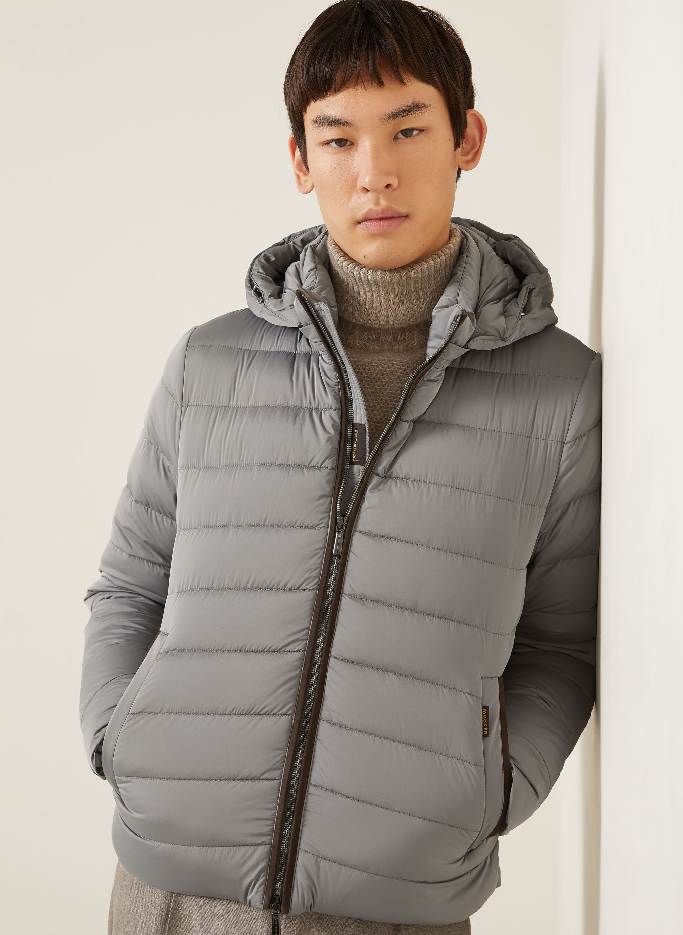 MOORER EURICO Down Jacket with Detachable Hood: GRAY / DARK BROWN