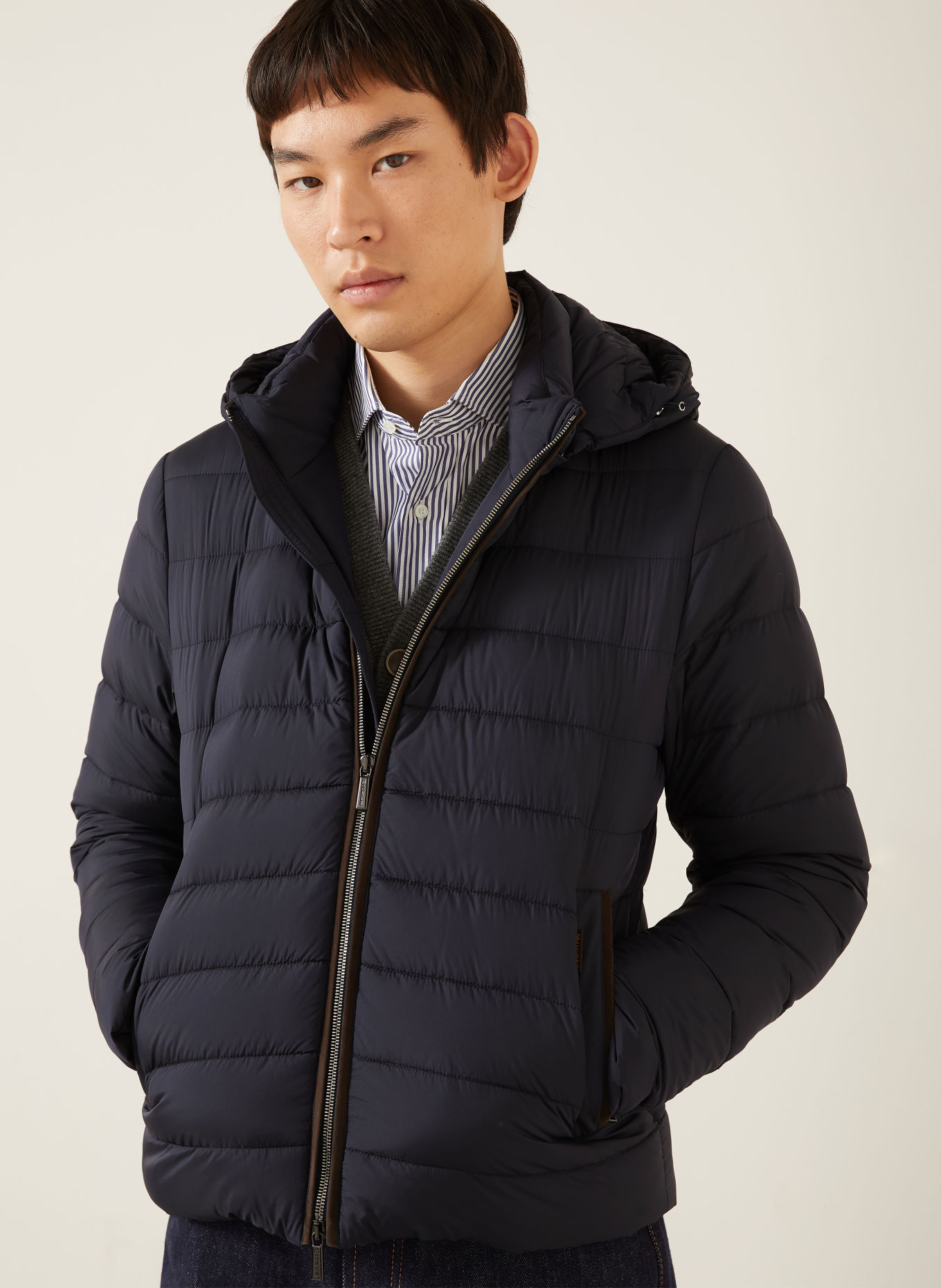 MOORER EURICO Down Jacket with Detachable Hood: DARK BLUE