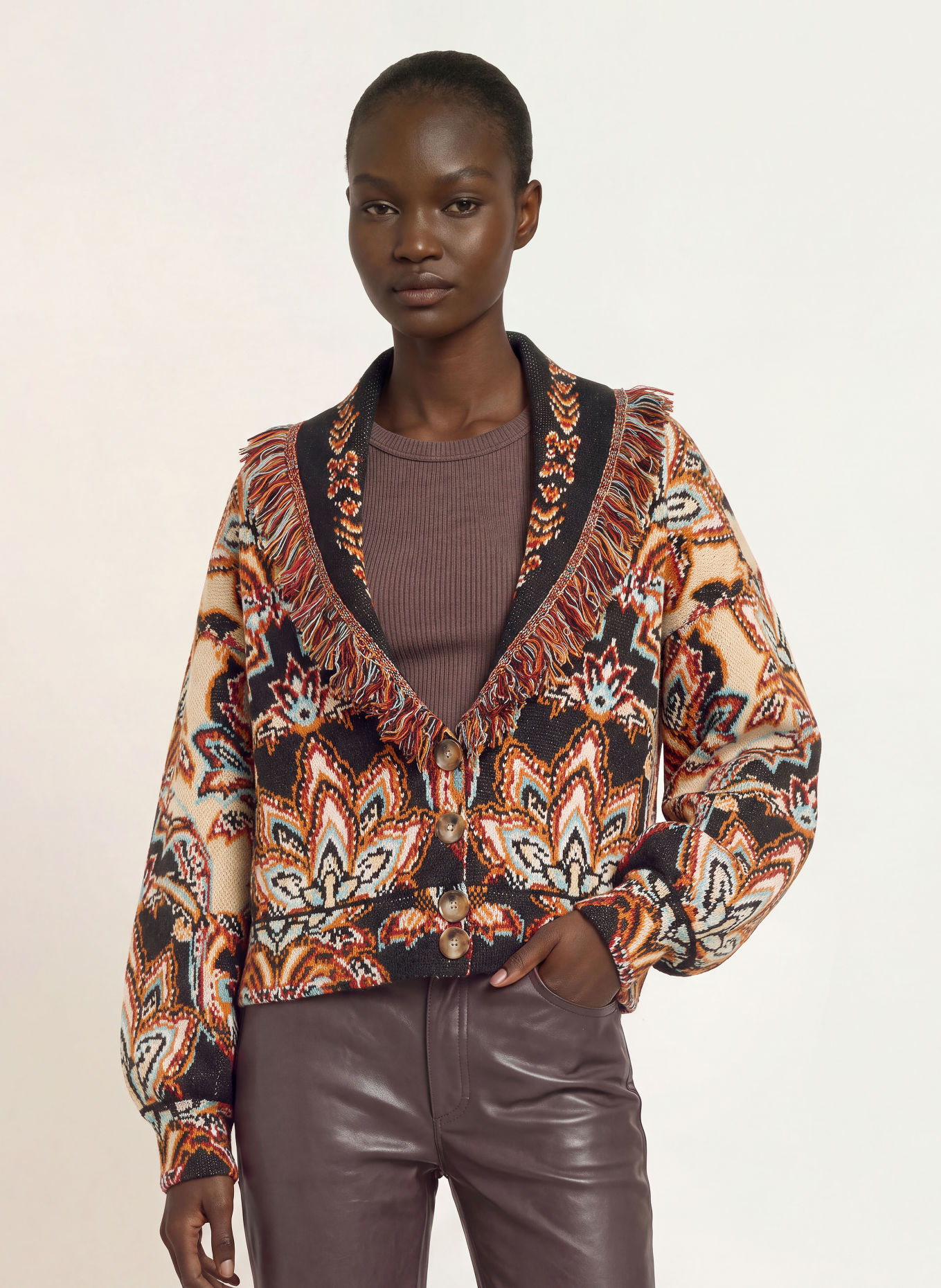 FARM RIO Cardigan: DARK BROWN / DARK RED / DARK ORANGE