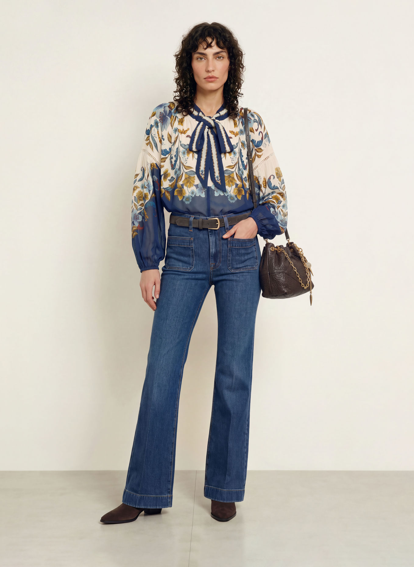 FARM RIO Jurk met strik bij de hals: BLAUW / BRUIN / ECRU