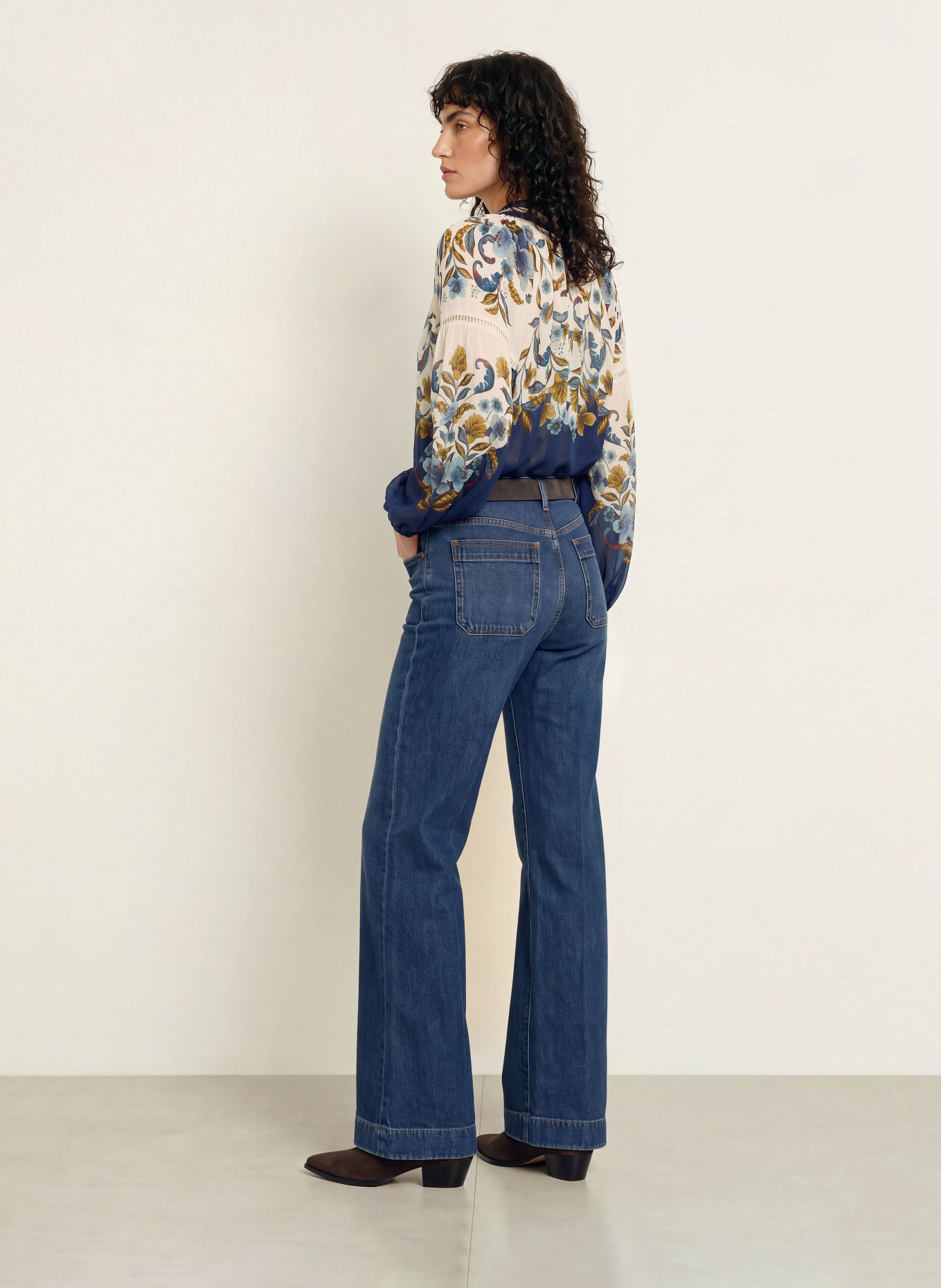 FARM RIO Jurk met strik bij de hals: BLAUW / BRUIN / ECRU