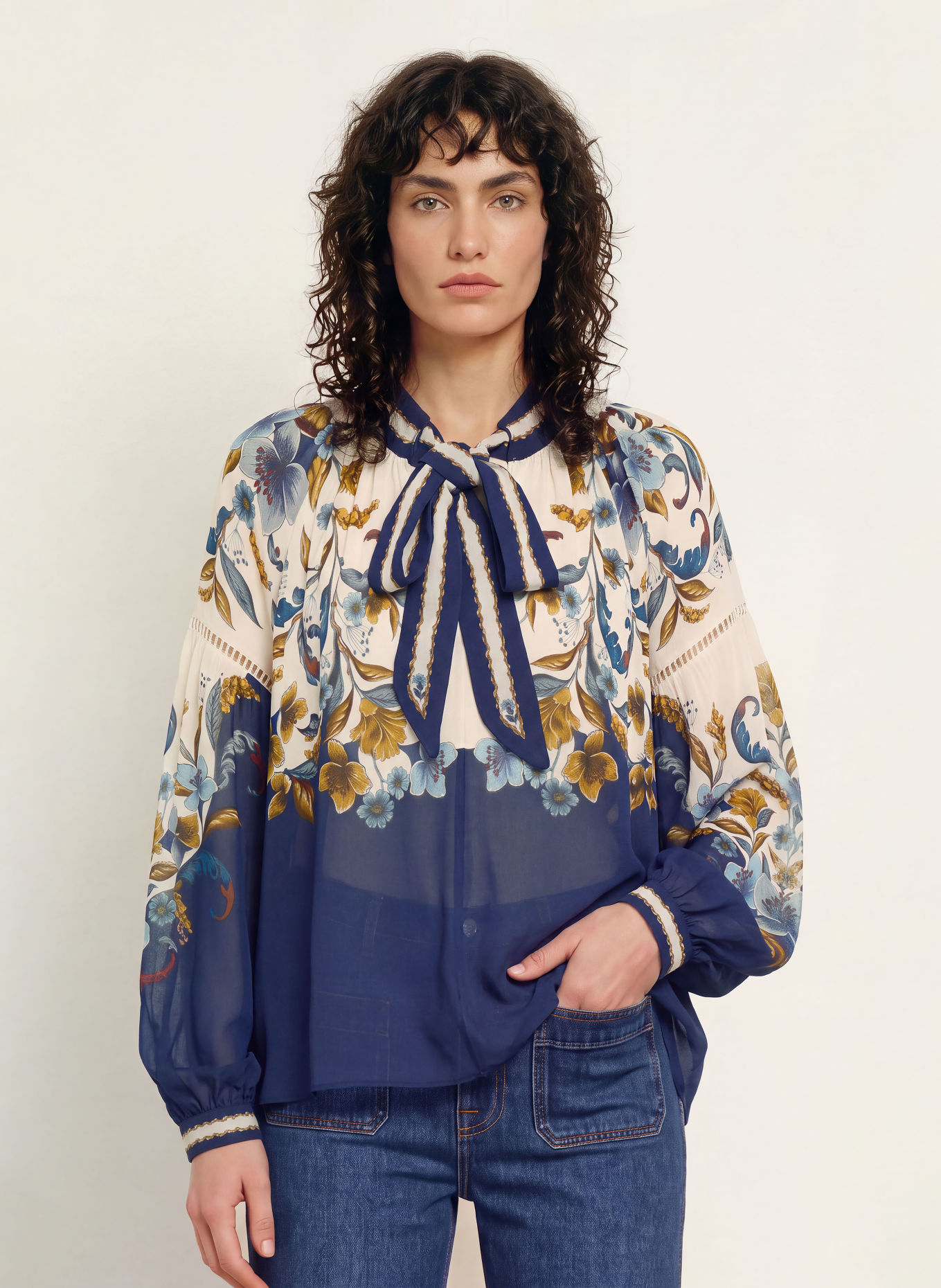 FARM RIO Jurk met strik bij de hals: BLAUW / BRUIN / ECRU