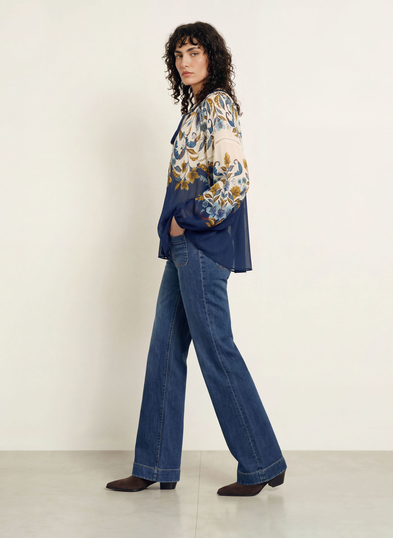 FARM RIO Jurk met strik bij de hals: BLAUW / BRUIN / ECRU