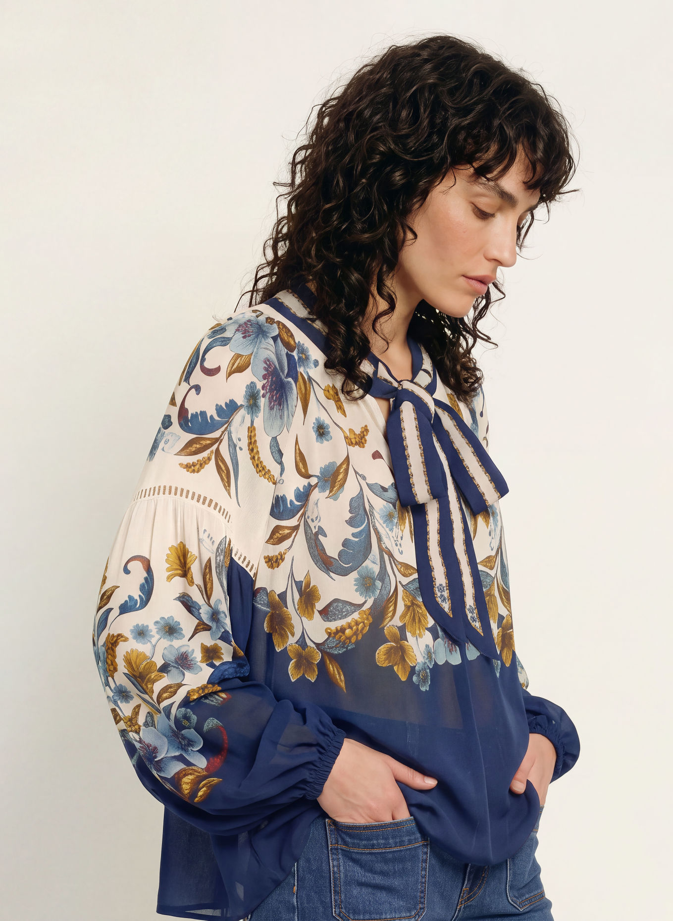 FARM RIO Jurk met strik bij de hals: BLAUW / BRUIN / ECRU