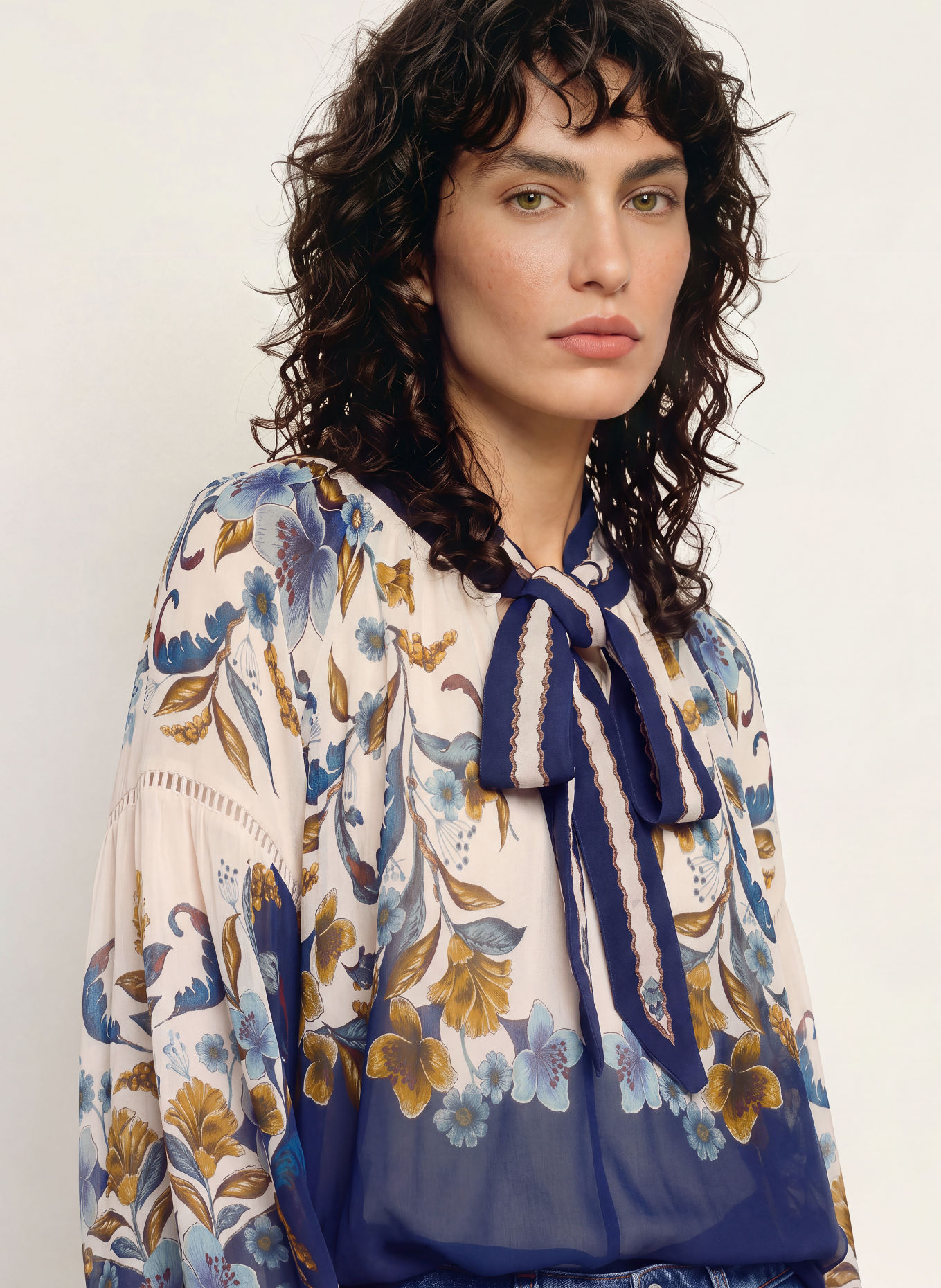 FARM RIO Jurk met strik bij de hals: BLAUW / BRUIN / ECRU