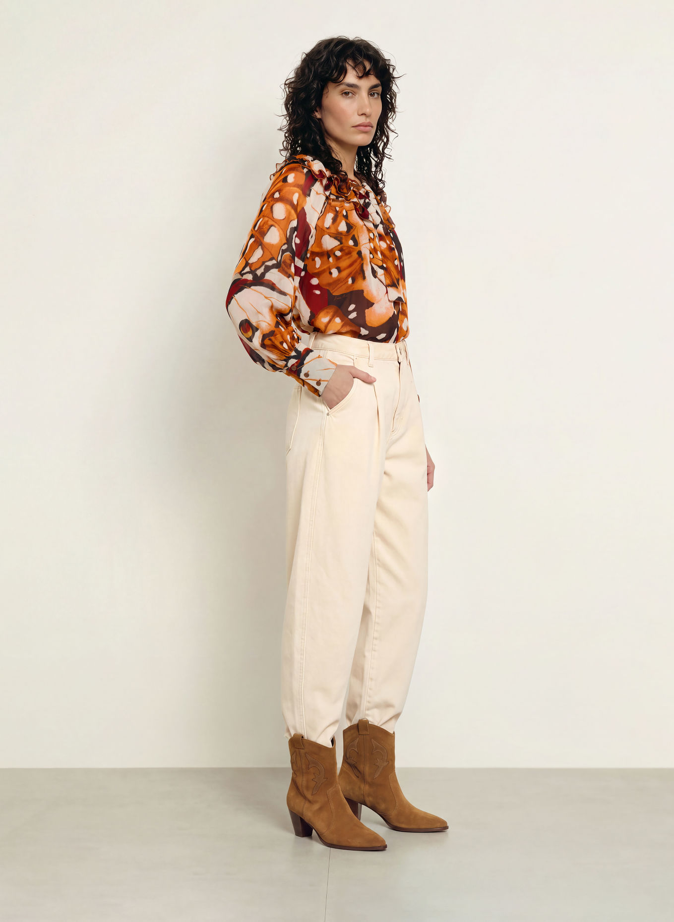 FARM RIO Shirt blouse: COGNAC / ECRU / DARK RED