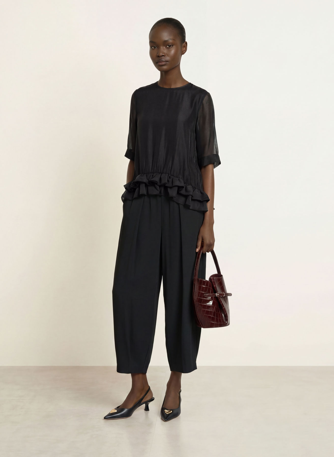 InWear ORANGEIW shirt blouse with 3/4 sleeves and ruffles: BLACK