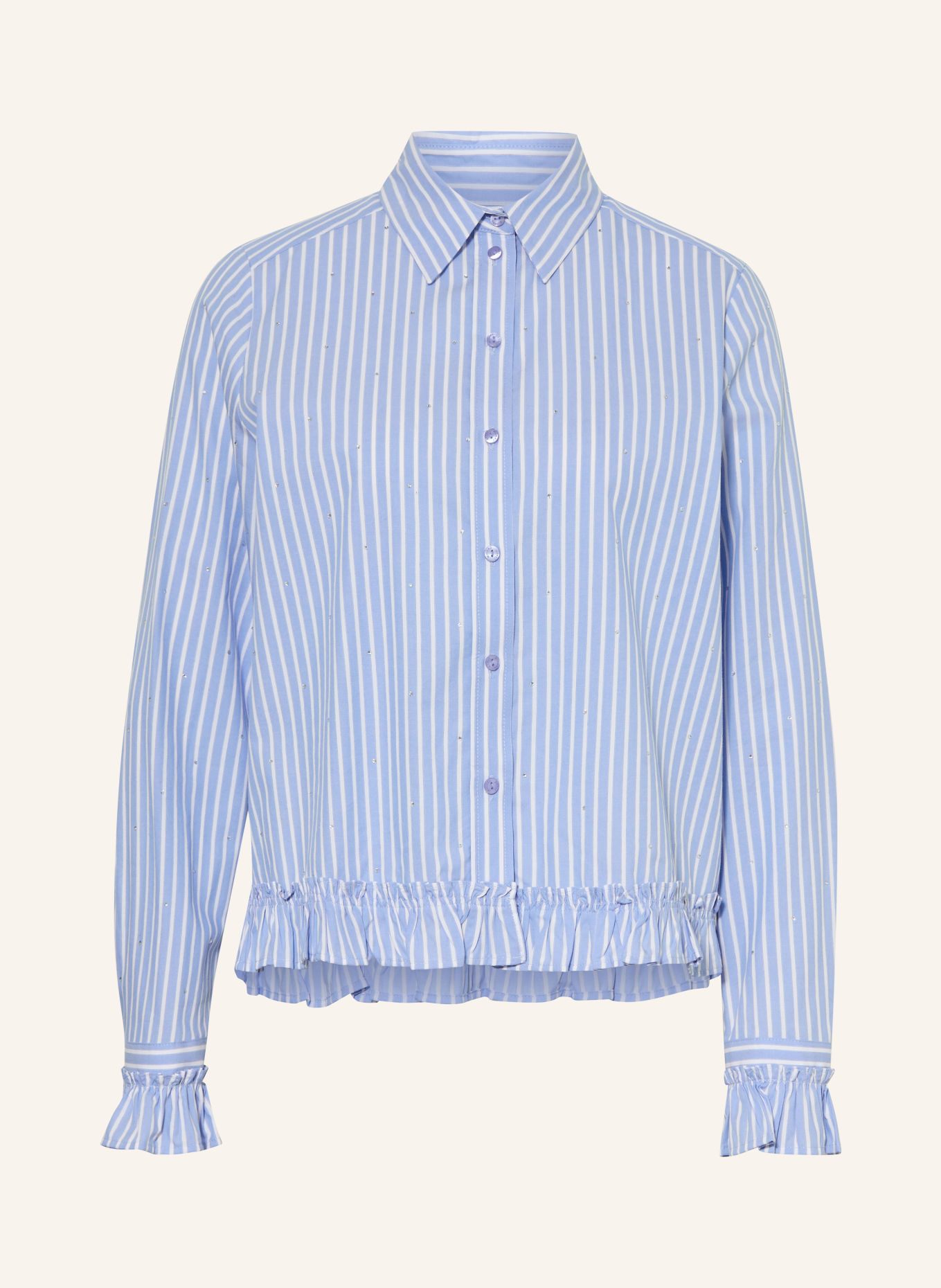 MILANO ITALY Hemdbluse mit Rüschen und Schmucksteinen: HELLBLAU / WEISS