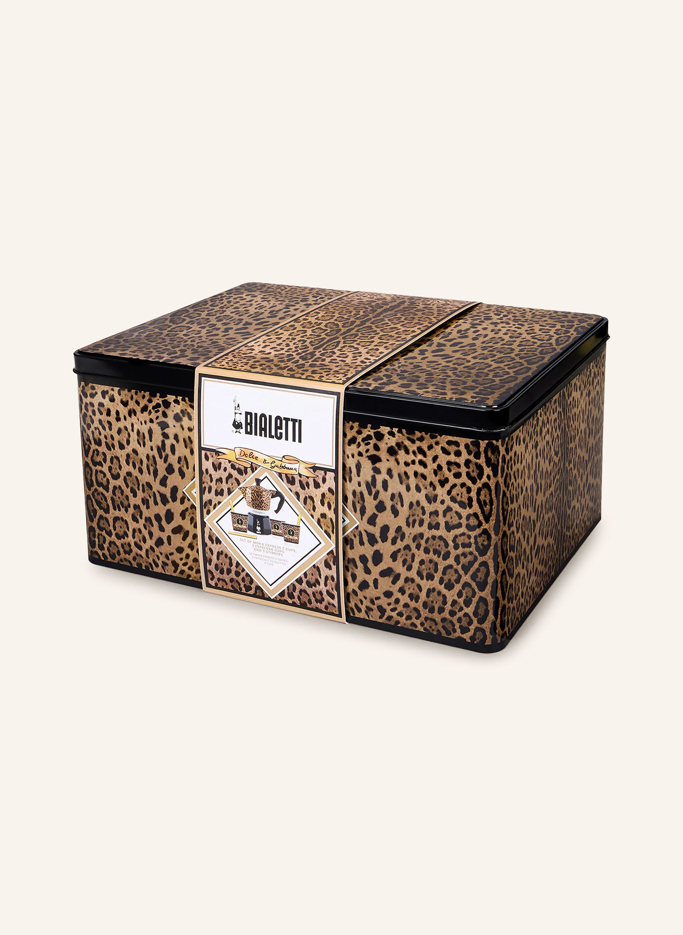DOLCE & GABBANA CASA 7-piece LEOPARDO set: espresso maker, cups, and stirring stick: BLACK / COGNAC / DARK BROWN