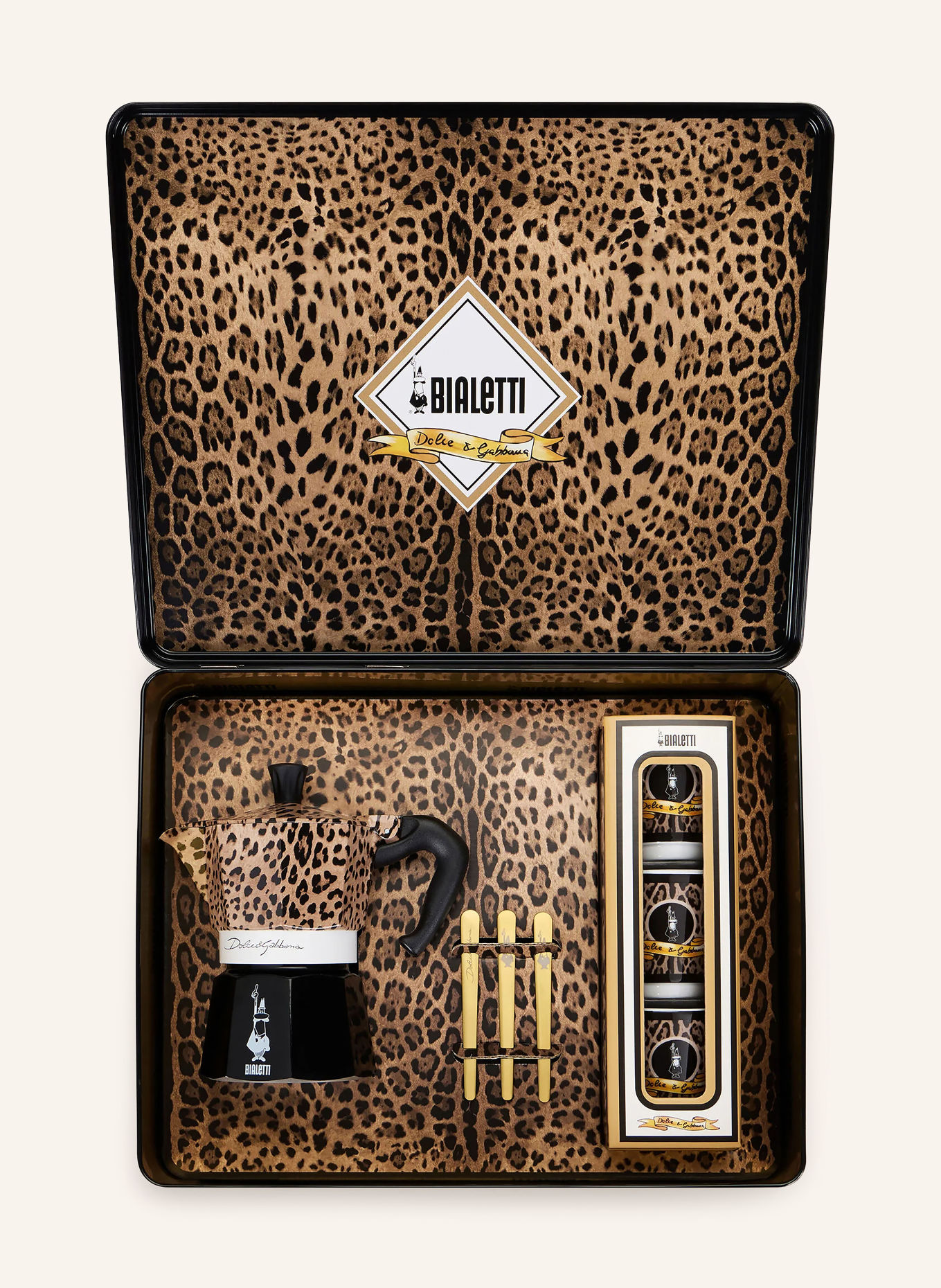 DOLCE & GABBANA CASA 7-piece LEOPARDO set: espresso maker, cups, and stirring stick: BLACK / COGNAC / DARK BROWN