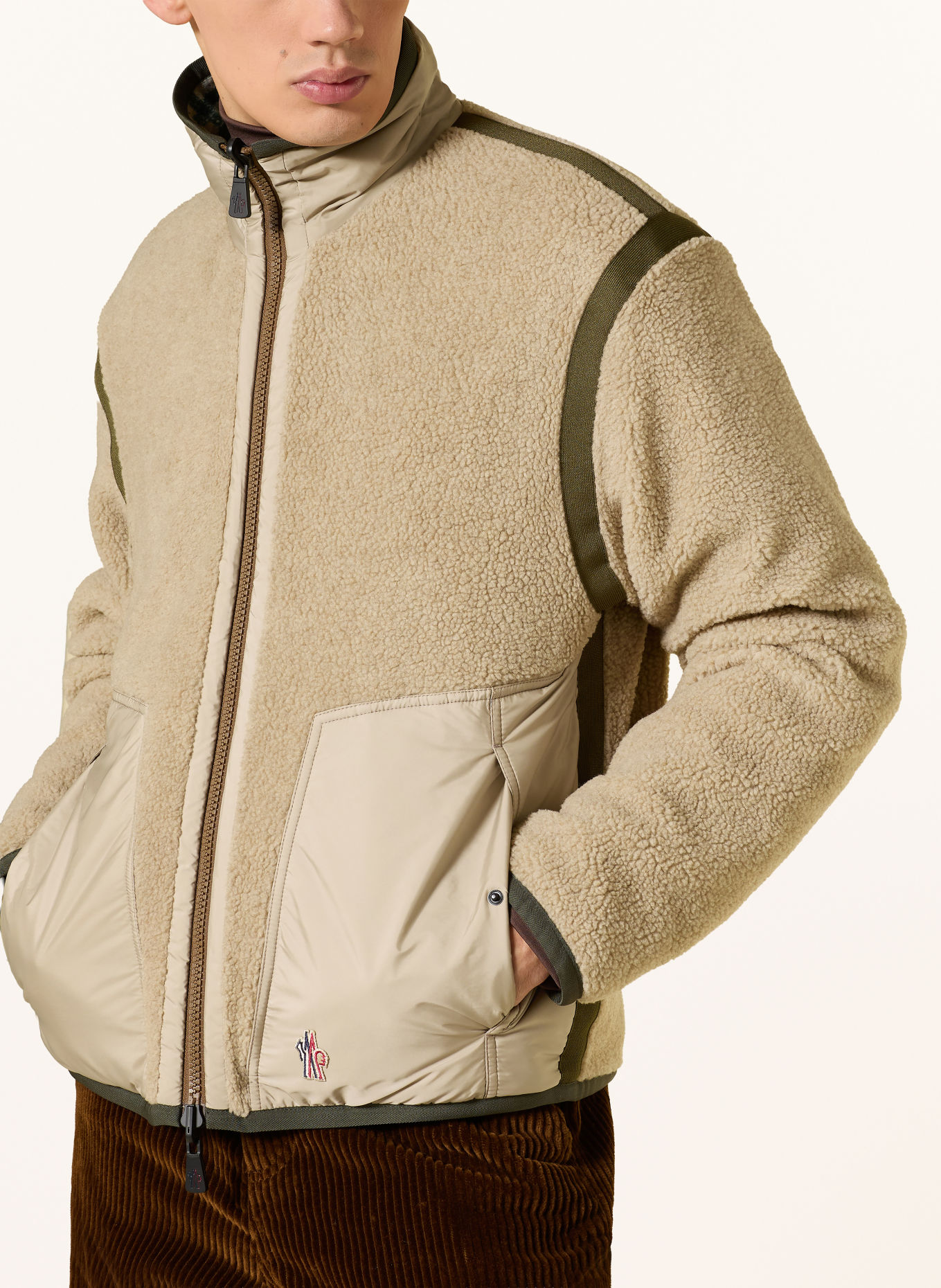 MONCLER GRENOBLE Reversible teddy fur jacket: CREAM / BROWN / DARK GREEN