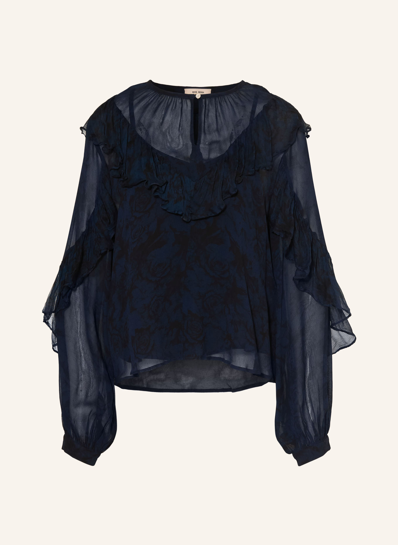 MOS MOSH MMROYA-blouseshirt met ruches: DONKERBLAUW / ZWART