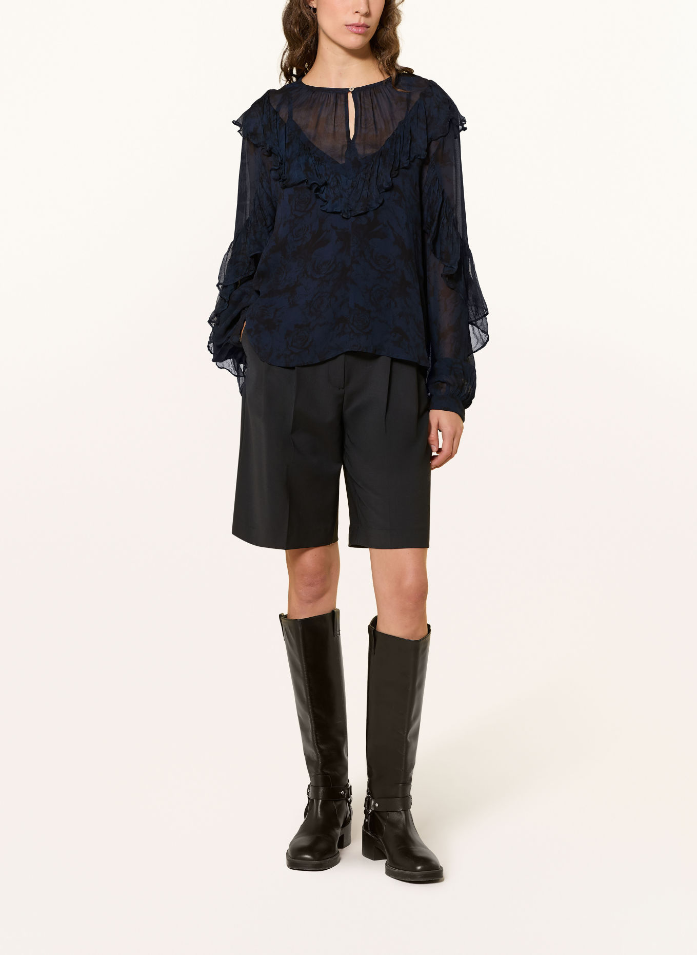MOS MOSH MMROYA-blouseshirt met ruches: DONKERBLAUW / ZWART