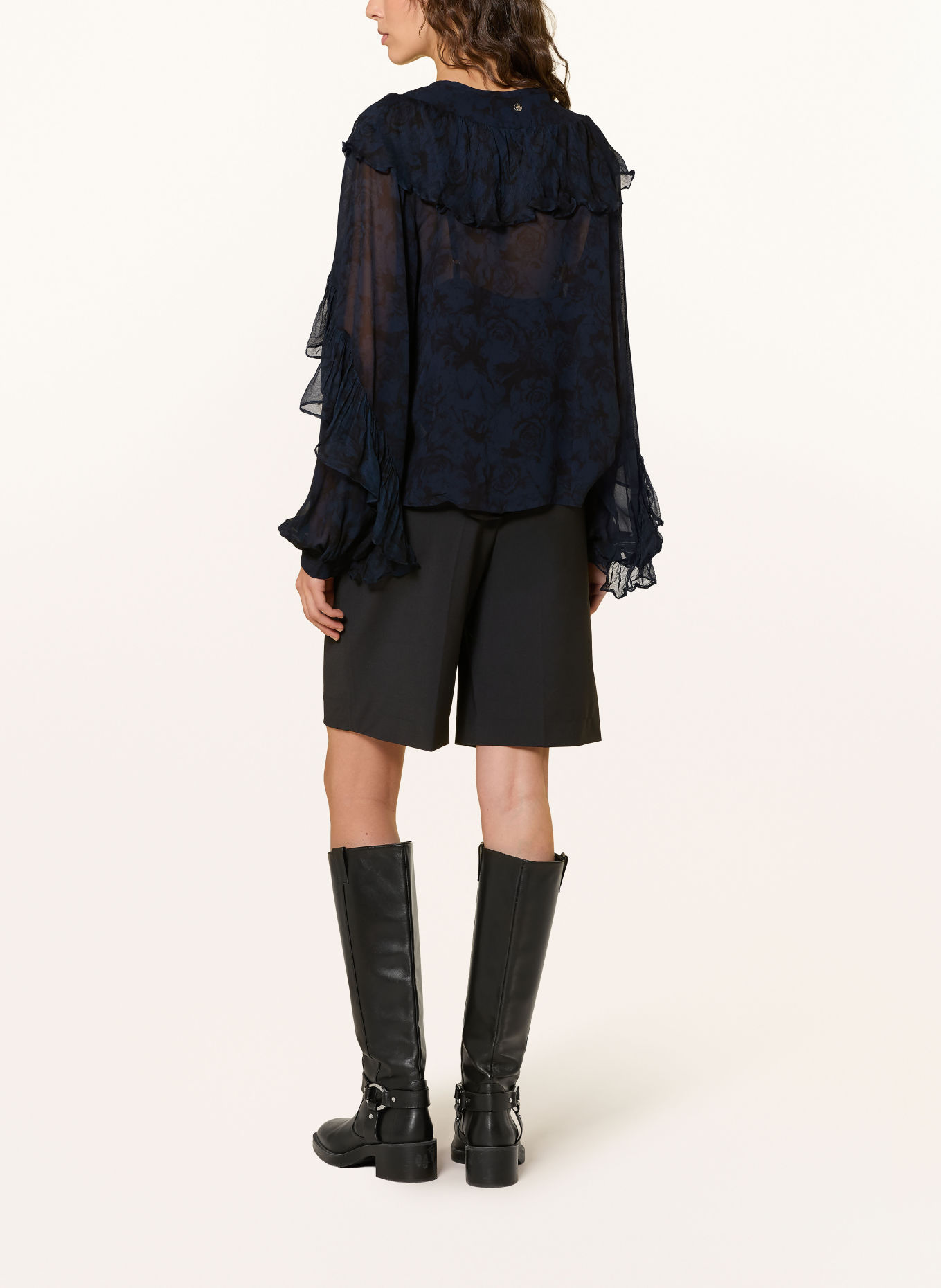 MOS MOSH MMROYA-blouseshirt met ruches: DONKERBLAUW / ZWART