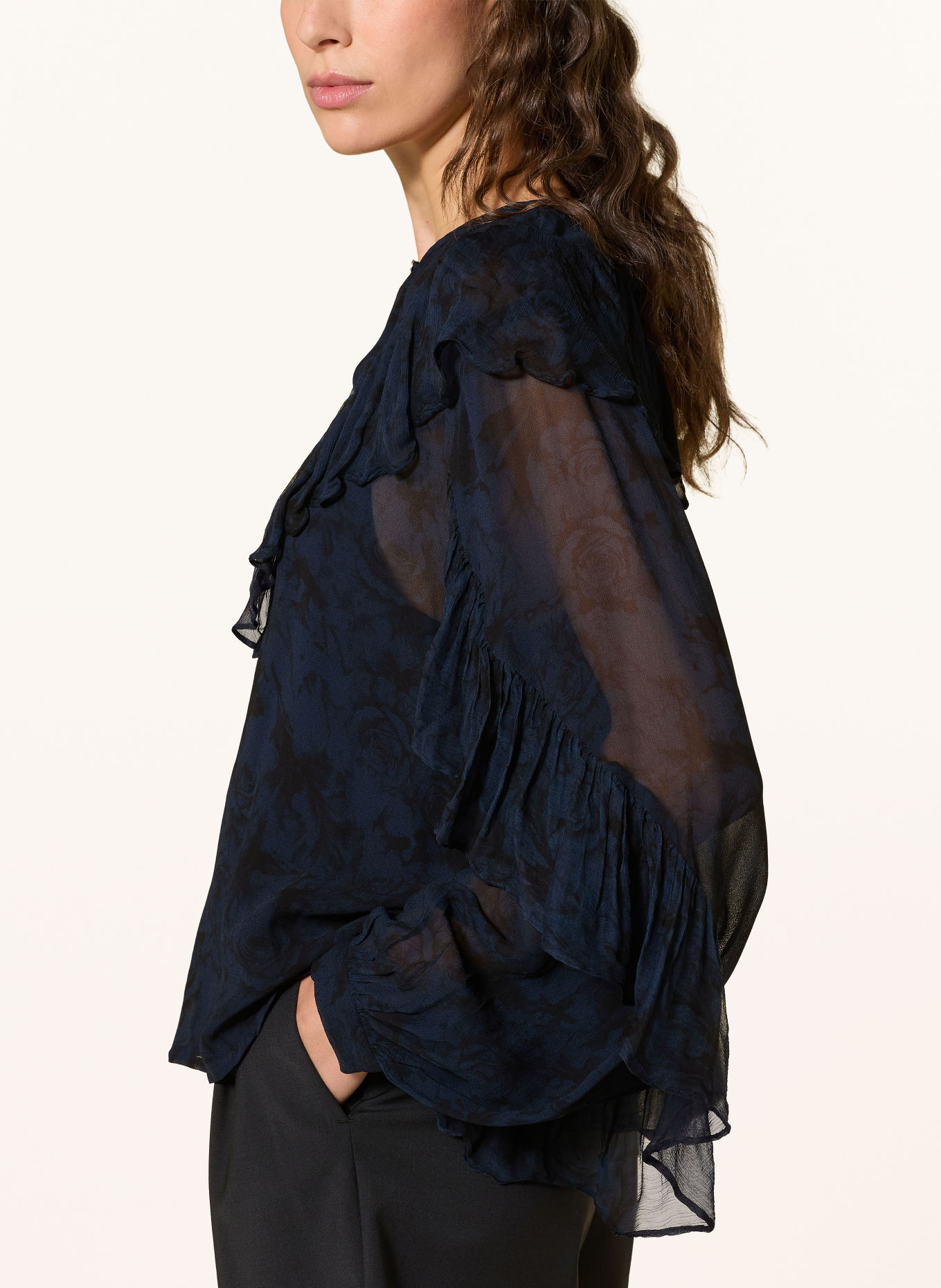 MOS MOSH MMROYA-blouseshirt met ruches: DONKERBLAUW / ZWART