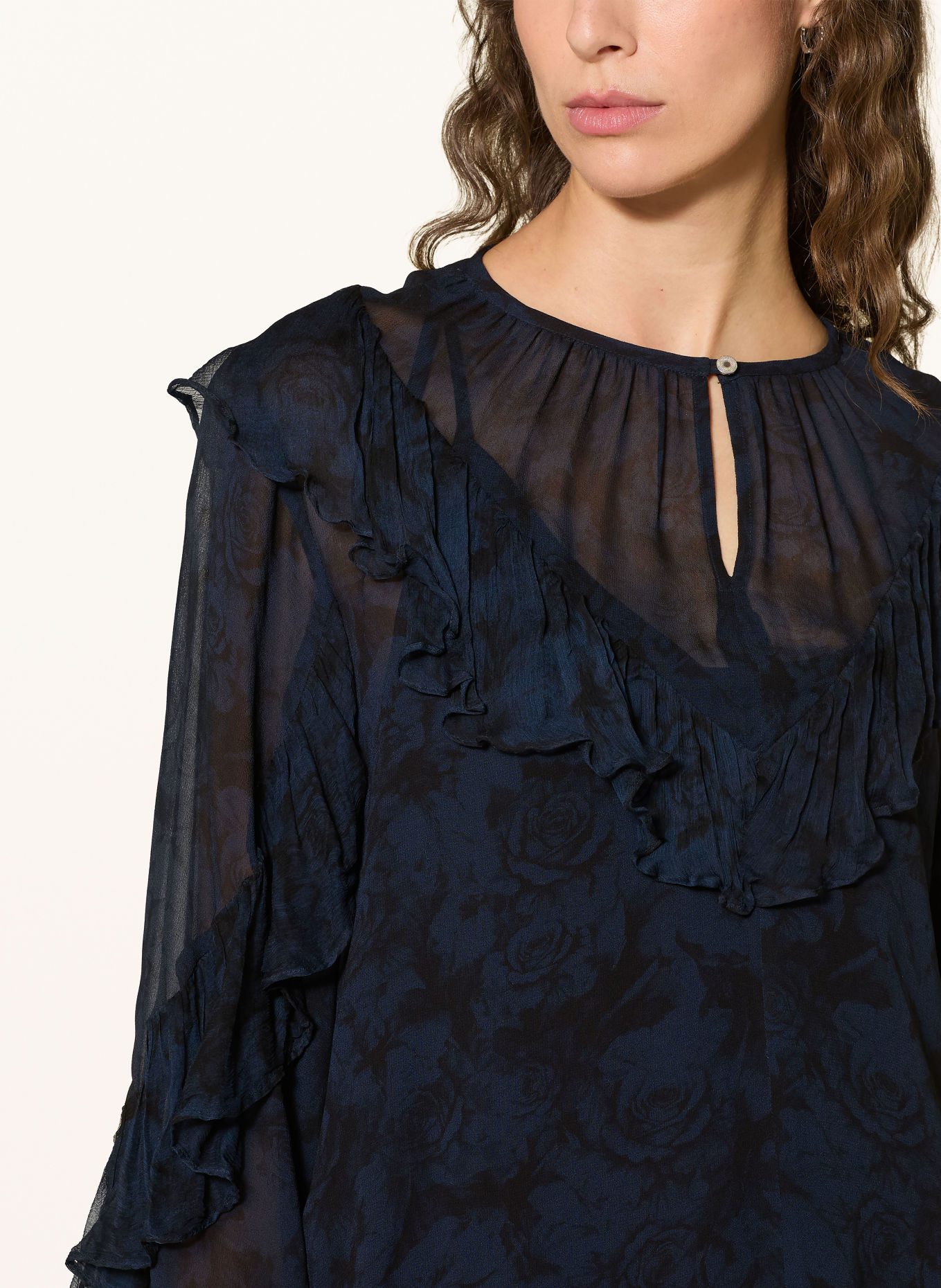 MOS MOSH MMROYA-blouseshirt met ruches: DONKERBLAUW / ZWART