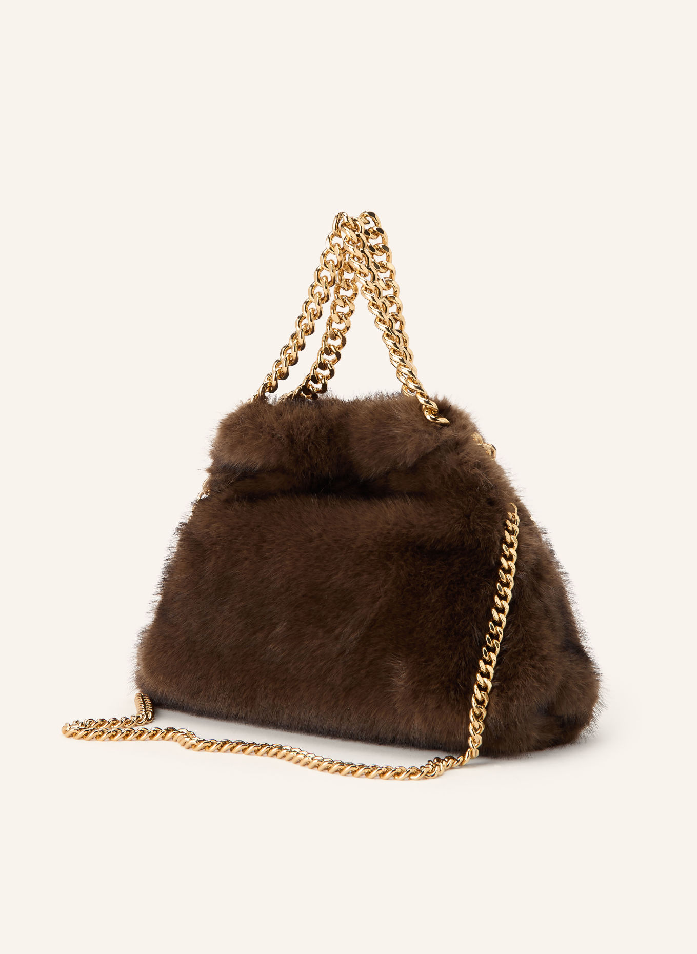 STELLA McCARTNEY Kabelka přes rameno FALABELLA MINI z umělé kožešiny: HNĚDÁ / ZLATÁ