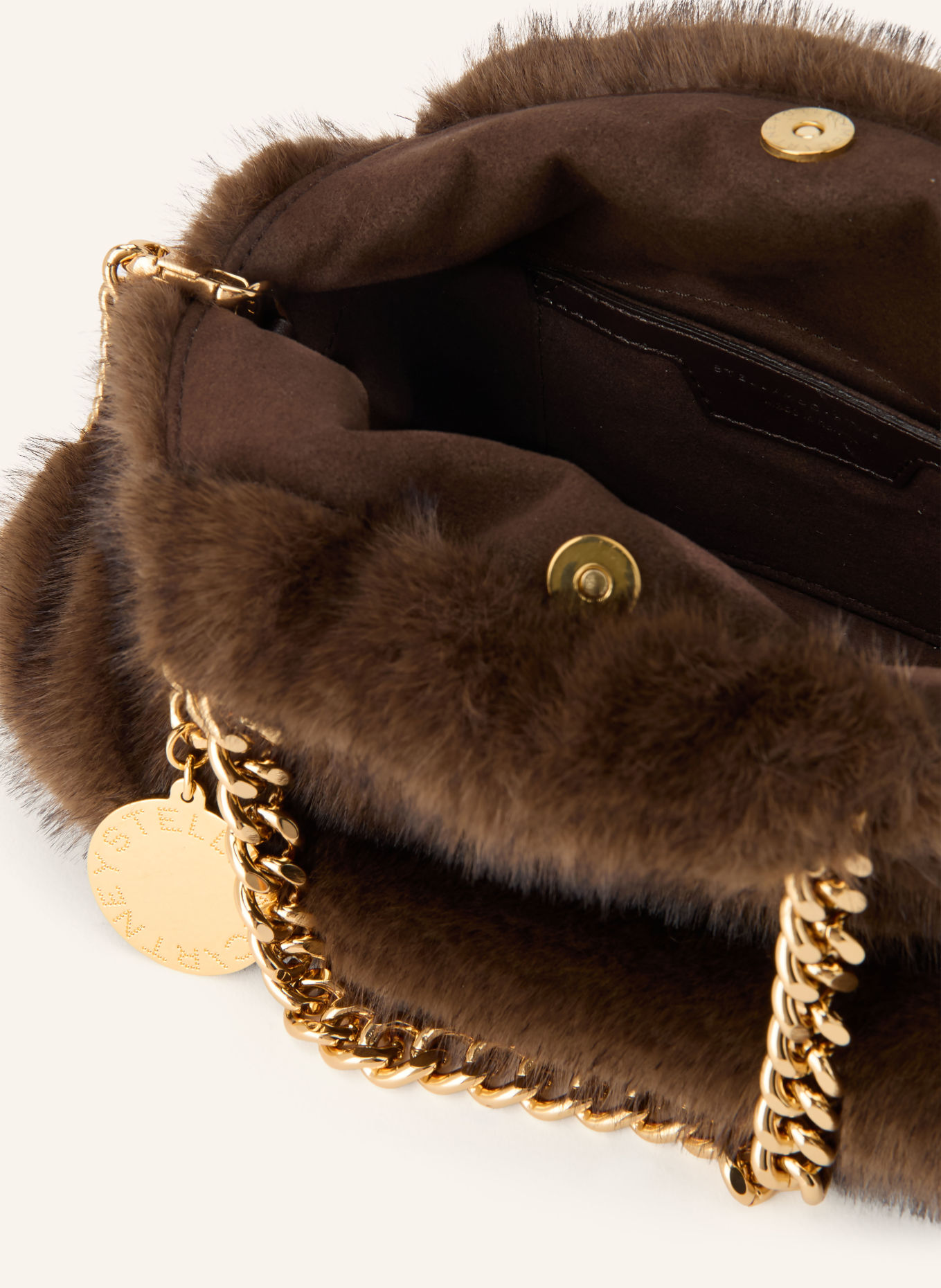 STELLA McCARTNEY Kabelka přes rameno FALABELLA MINI z umělé kožešiny: HNĚDÁ / ZLATÁ
