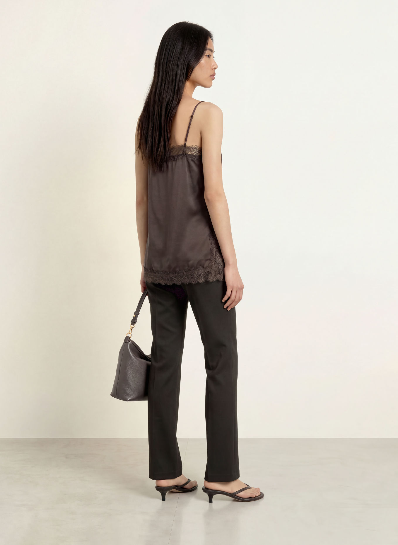 GRACE & MILA BLOSSOM Satin Top with Lace: DARK BROWN