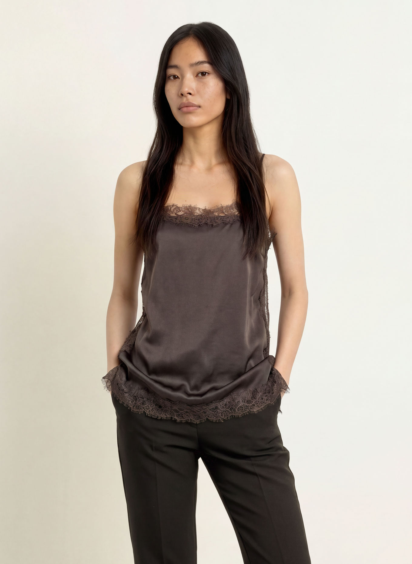 GRACE & MILA BLOSSOM Satin Top with Lace: DARK BROWN