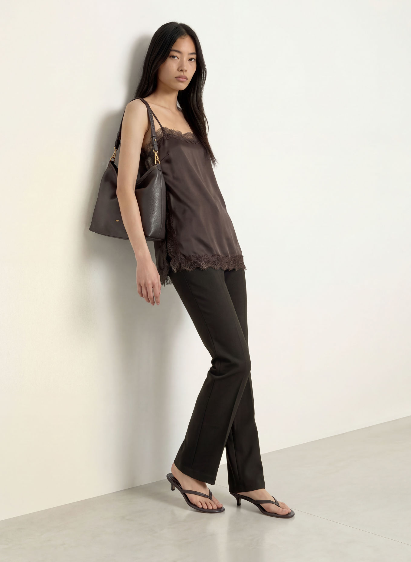 GRACE & MILA BLOSSOM Satin Top with Lace: DARK BROWN