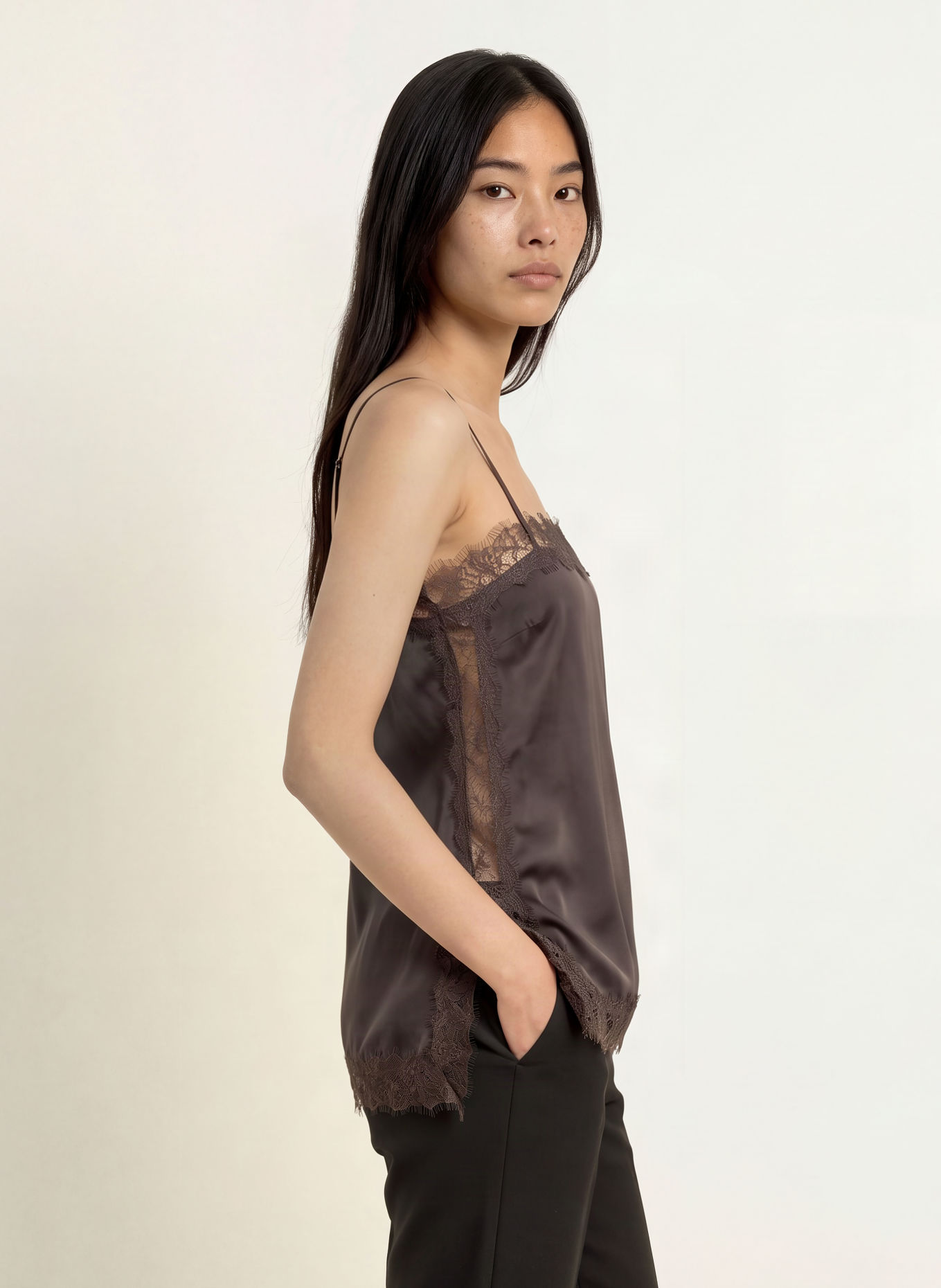 GRACE & MILA BLOSSOM Satin Top with Lace: DARK BROWN
