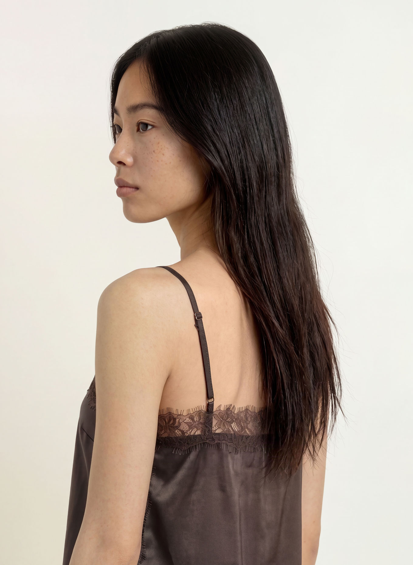 GRACE & MILA BLOSSOM Satin Top with Lace: DARK BROWN