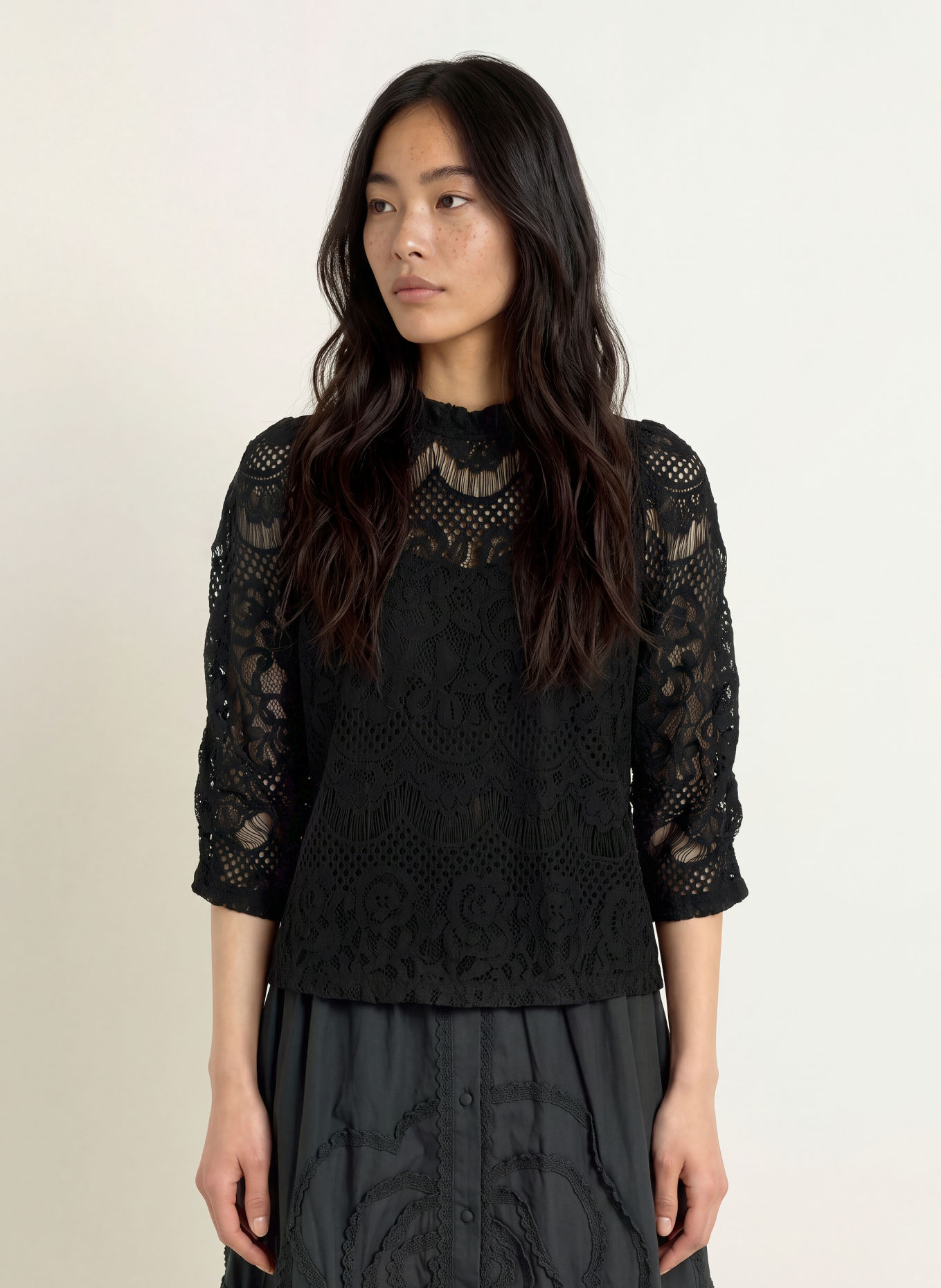 lollys laundry Blusenshirt LILOULL aus Spitze mit 3/4-Arm: SCHWARZ