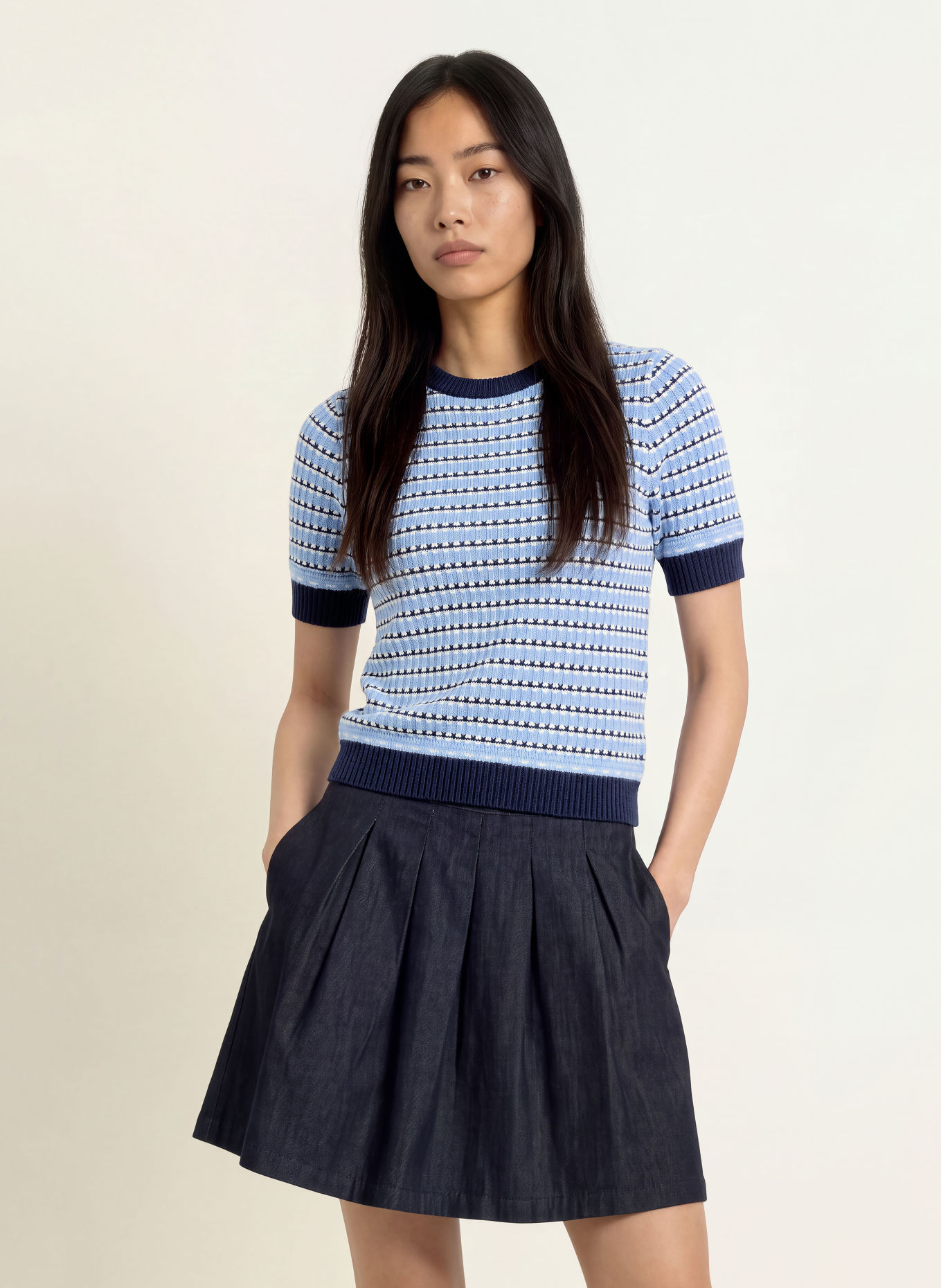 SUNCOO PERLY Knit Shirt: LIGHT BLUE / DARK BLUE / WHITE
