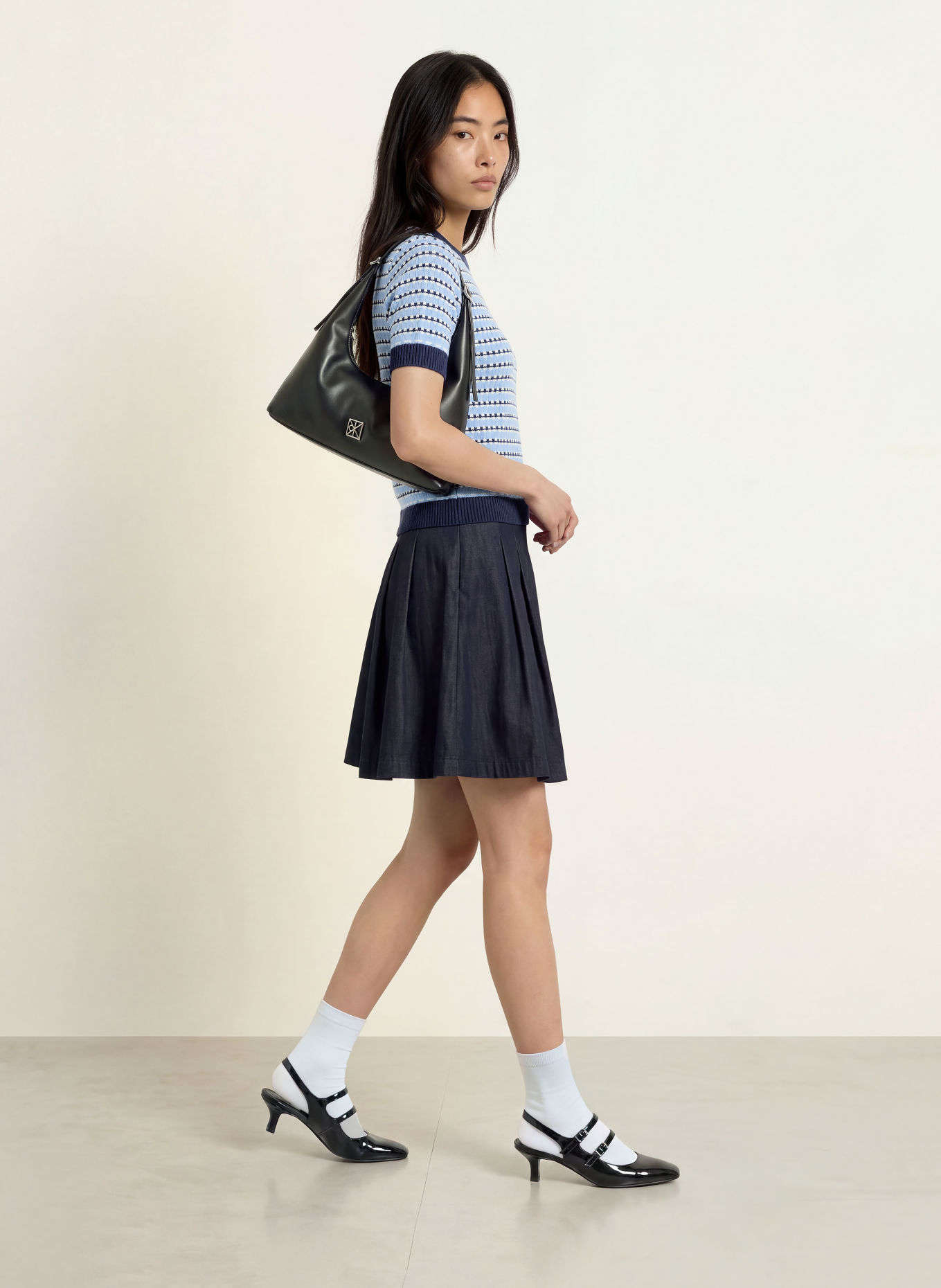 SUNCOO PERLY Knit Shirt: LIGHT BLUE / DARK BLUE / WHITE