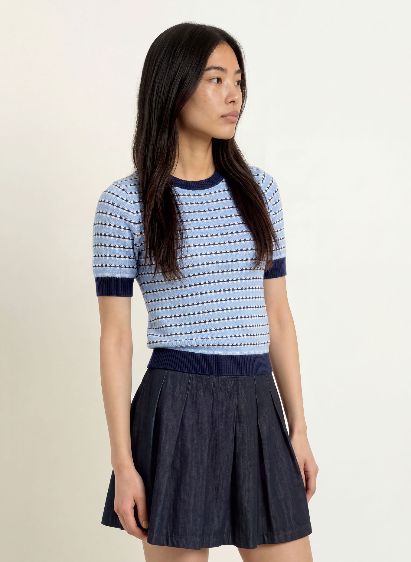 SUNCOO PERLY Knit Shirt: LIGHT BLUE / DARK BLUE / WHITE